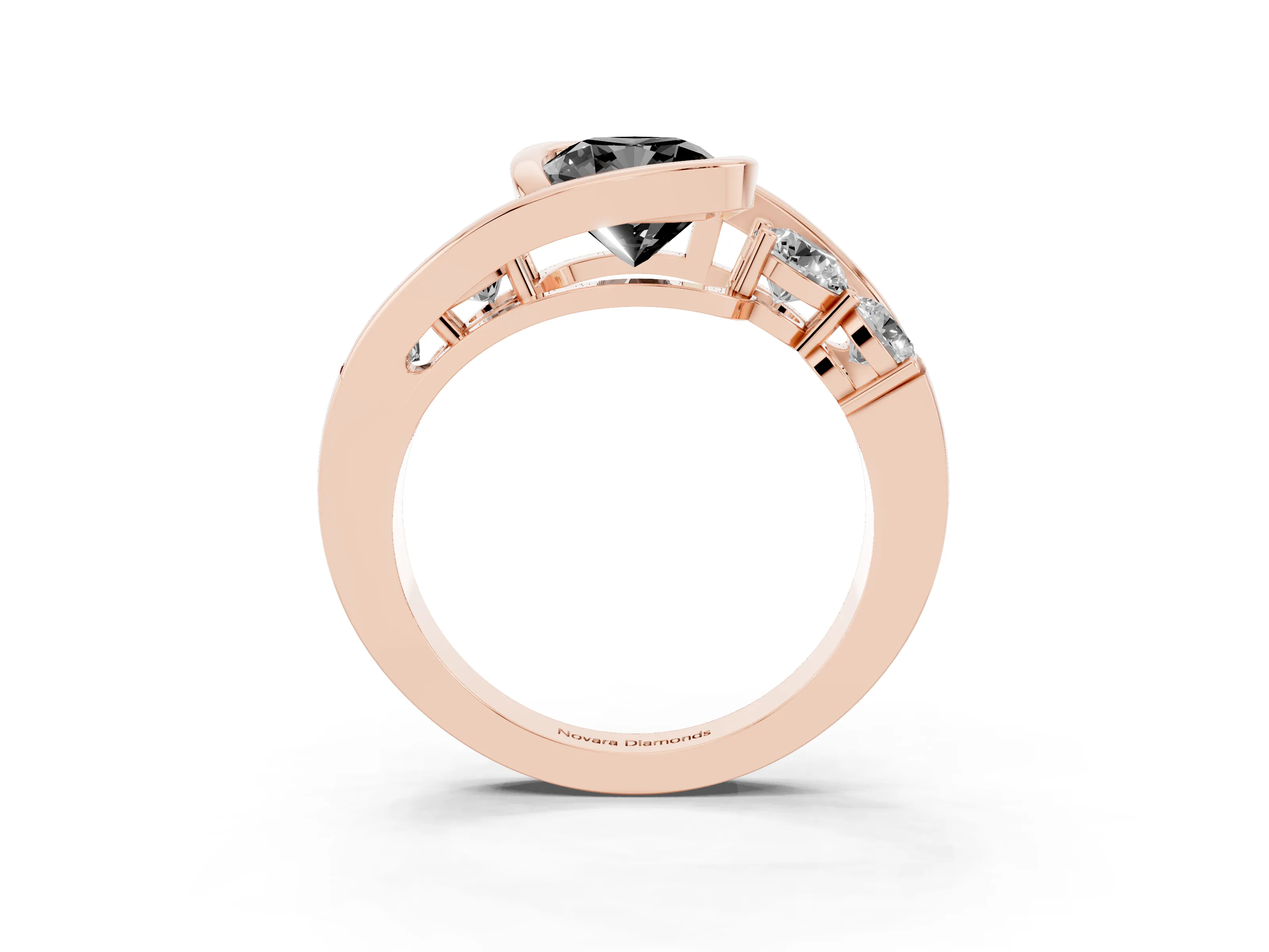 Fancy Black Cushion Cut Diamond Bezel Bypass Ring Set in Rose gold with Round Accents