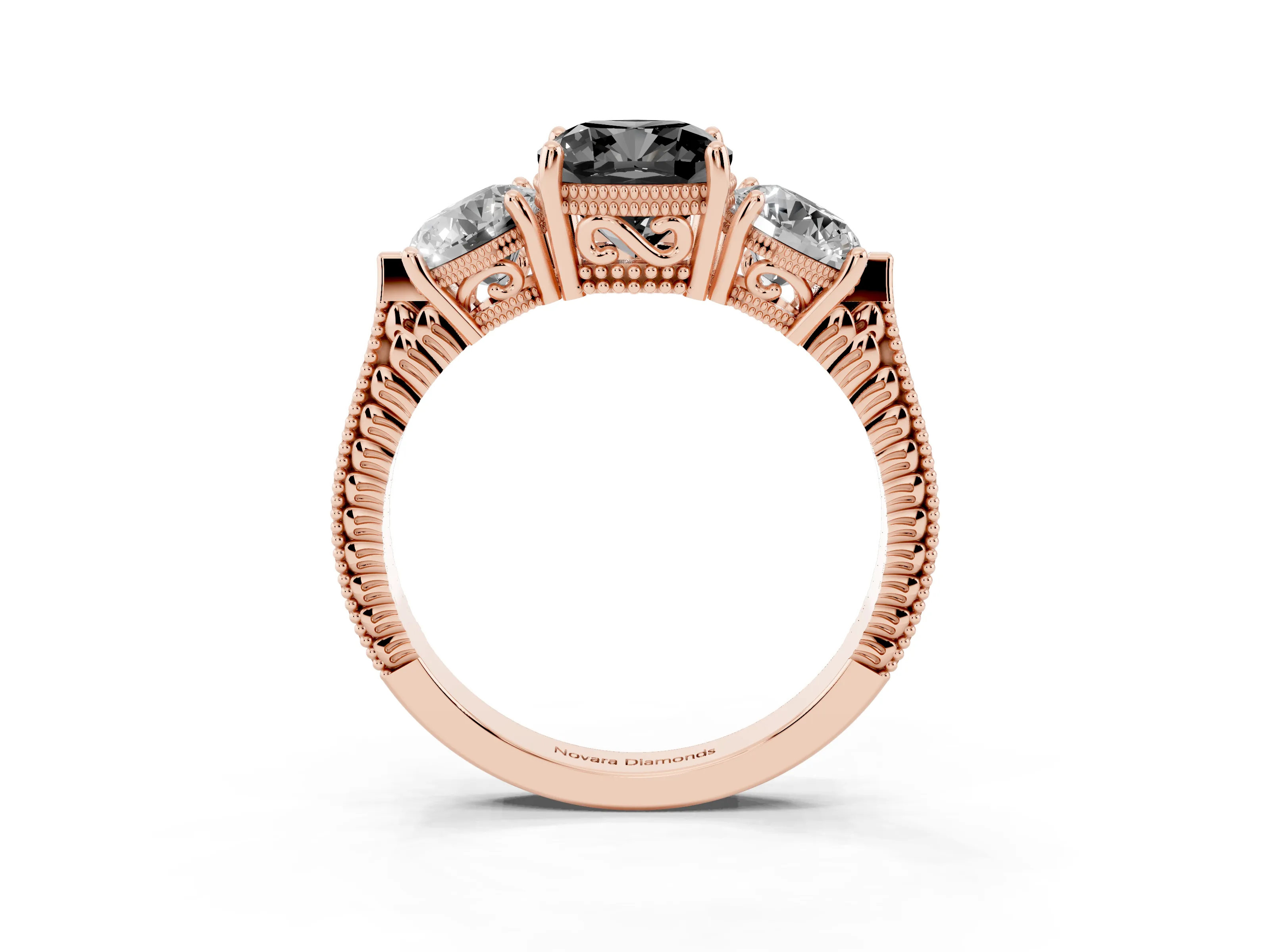 Fancy Black Cushion Cut Diamond Three-Stone Ring Set in Rose gold with Milgrain Band