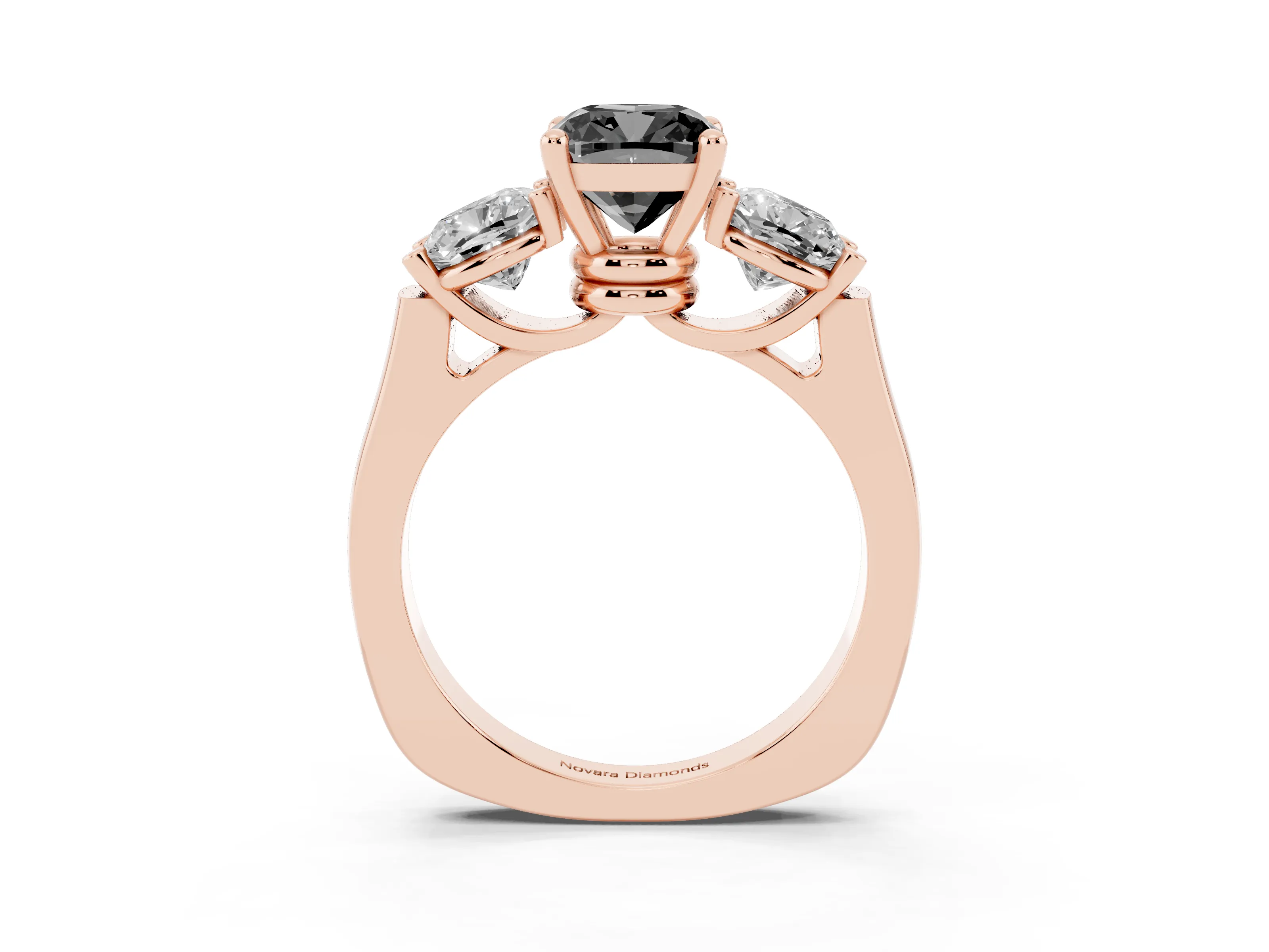 Fancy Black Cushion Cut Diamond Three-Stone Trellis Ring Set in Rose gold with Comfort Fit Band