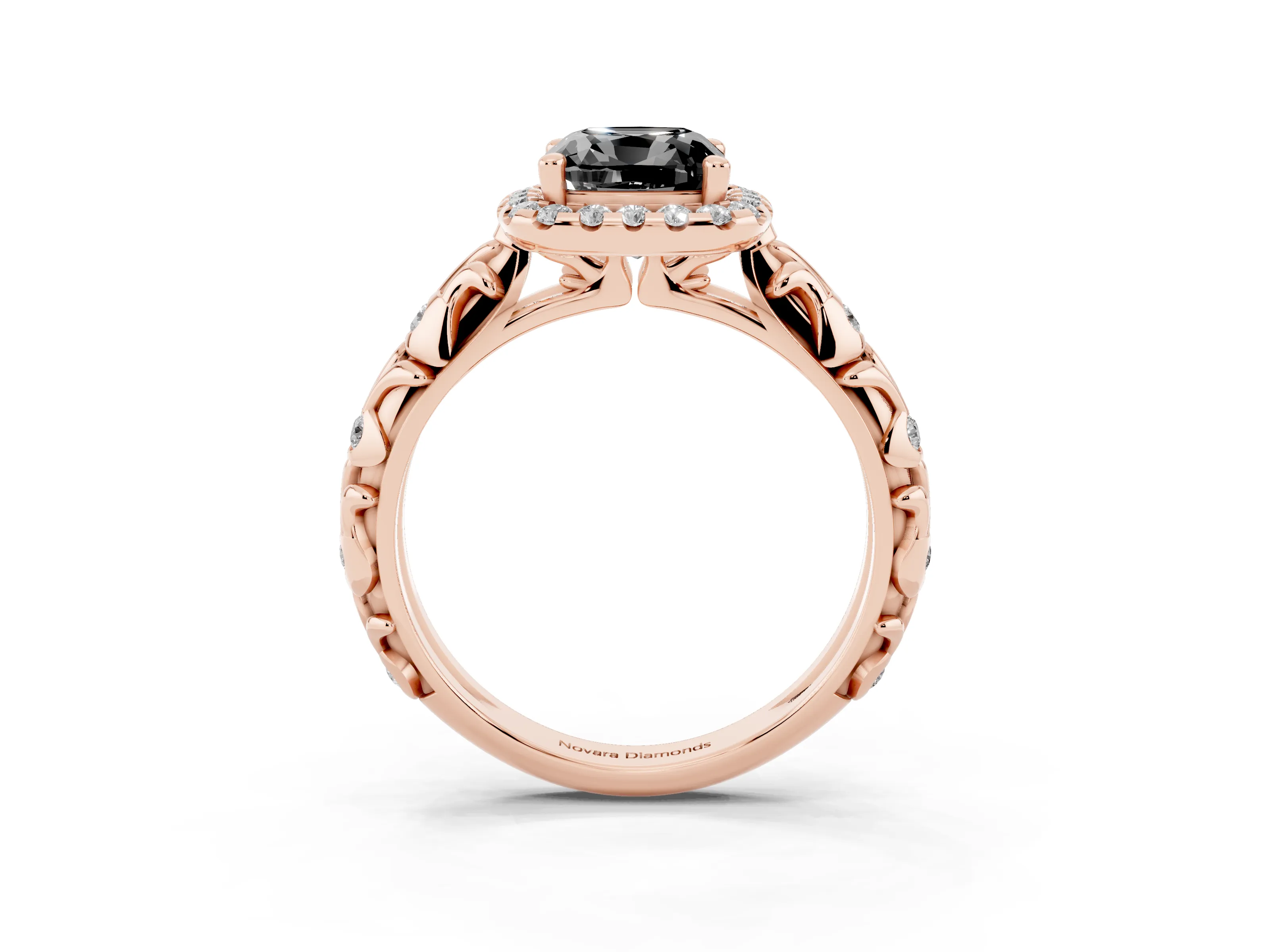 Fancy Black Cushion Cut Diamond Halo Ring Set in Rose gold with Filigree Leaf Band and Prong Setting