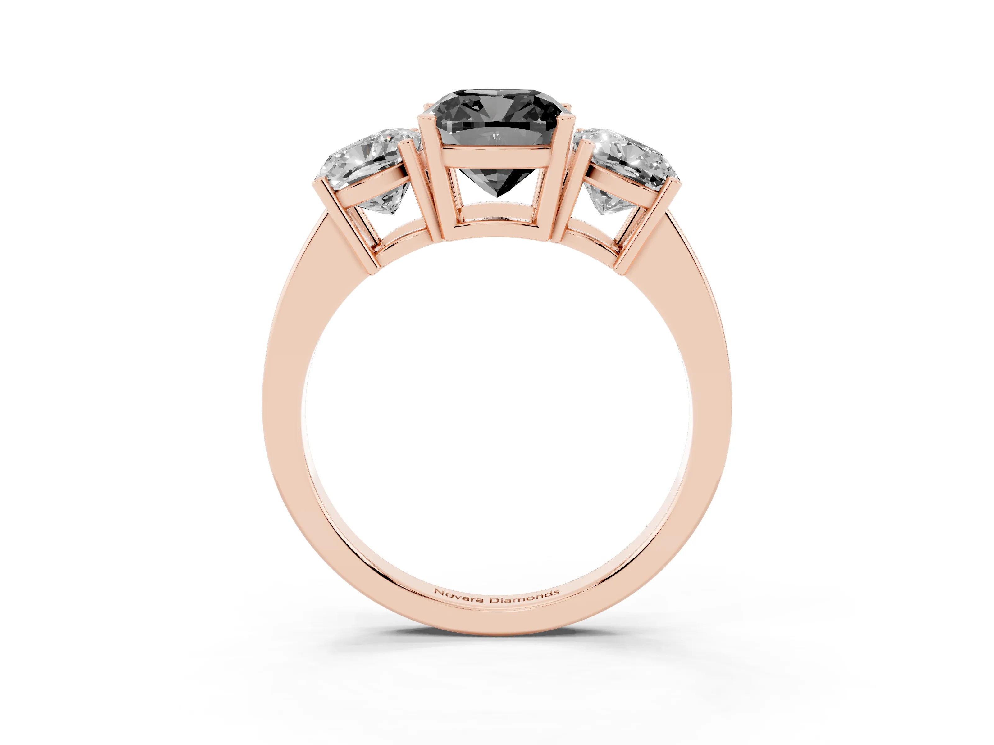 Fancy Black Cushion Cut Diamond Three-Stone Engagement Ring Set in Rose gold with Flat Band