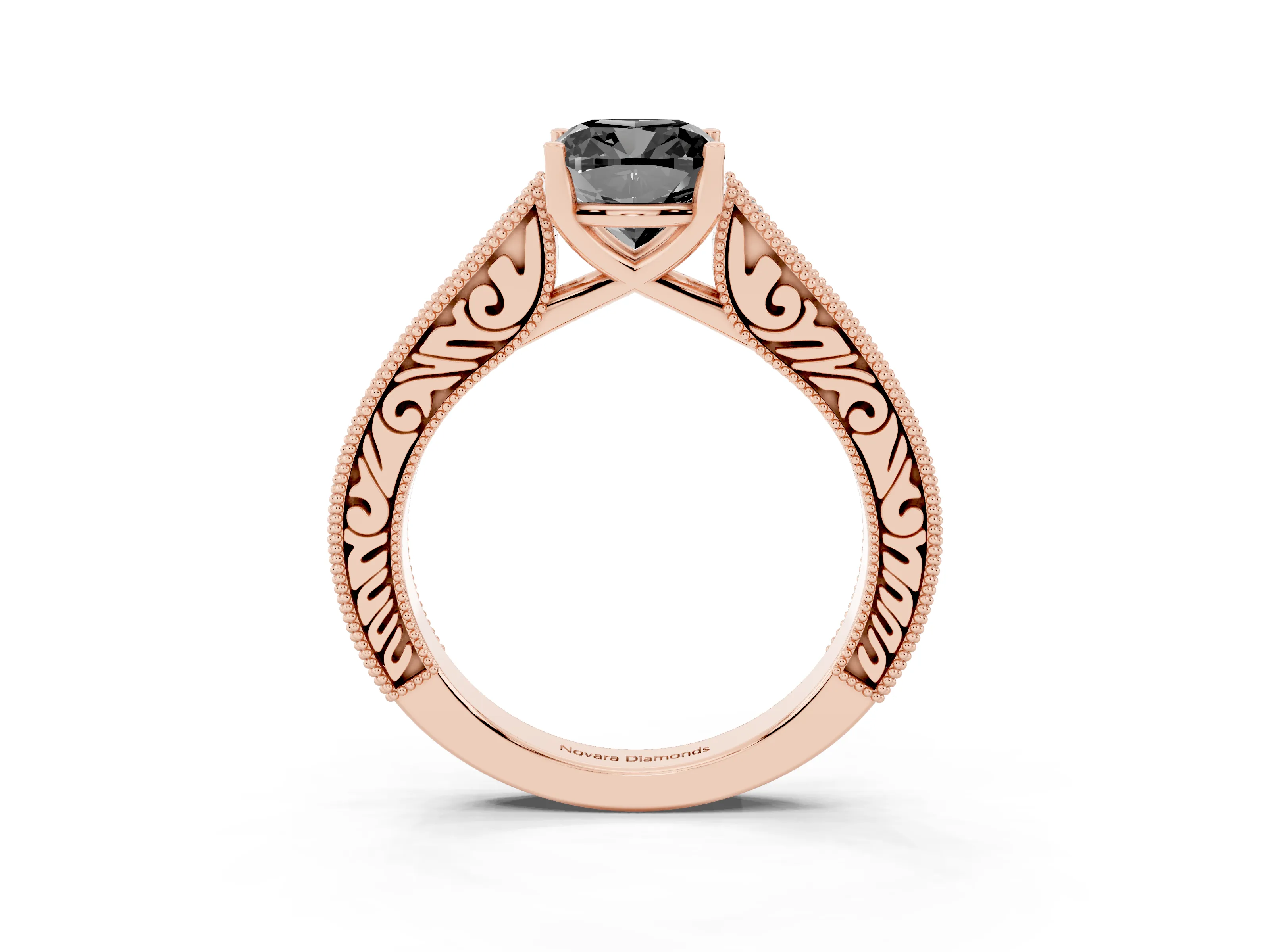 Fancy Black Cushion Cut Diamond Milgrain Pavé Band Solitaire Ring Set in Rose gold with Prong Setting