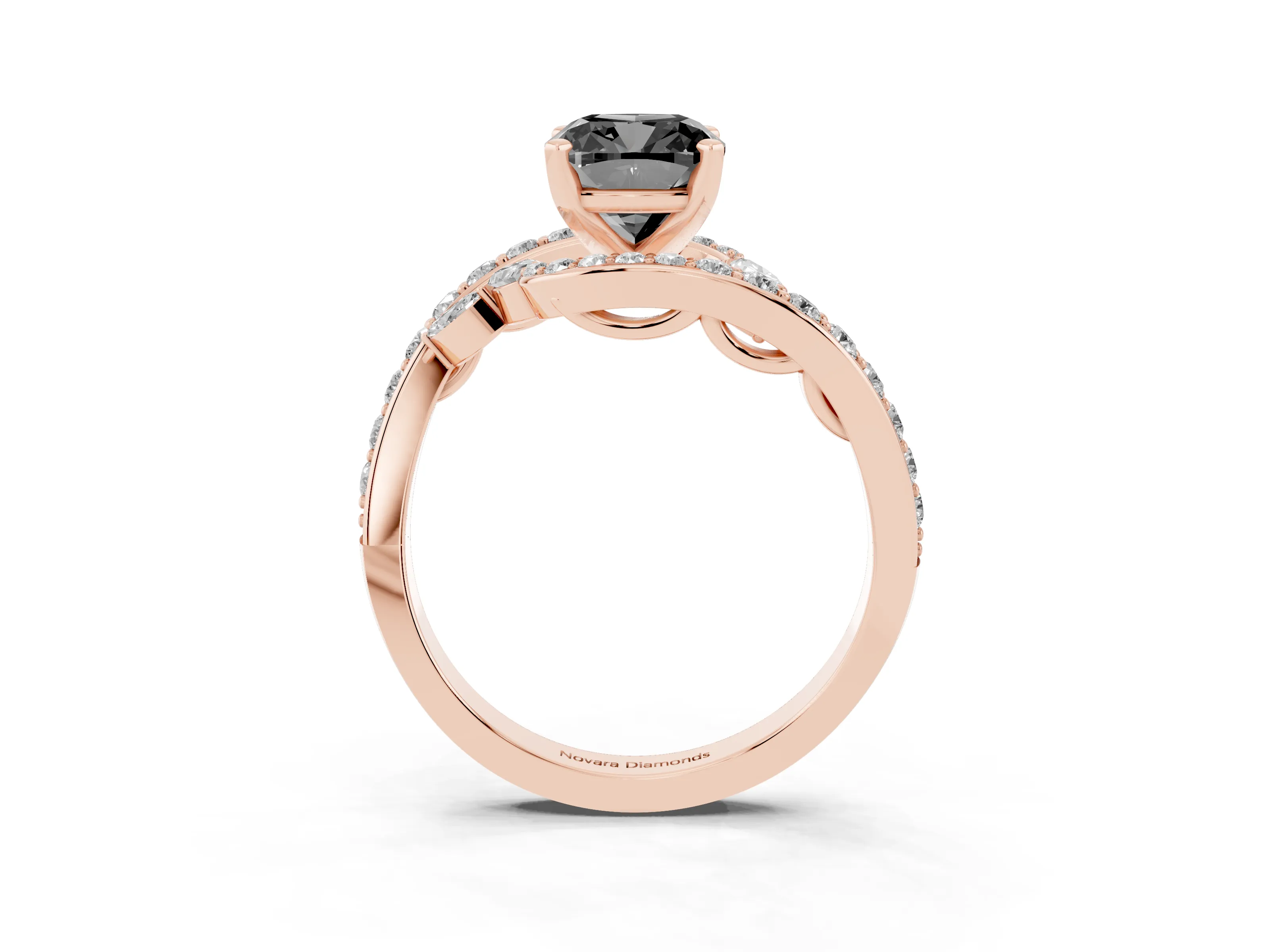 Fancy Black Cushion Cut Diamond Solitaire Ring Set in Rose gold with Filigree Band and Prong Setting