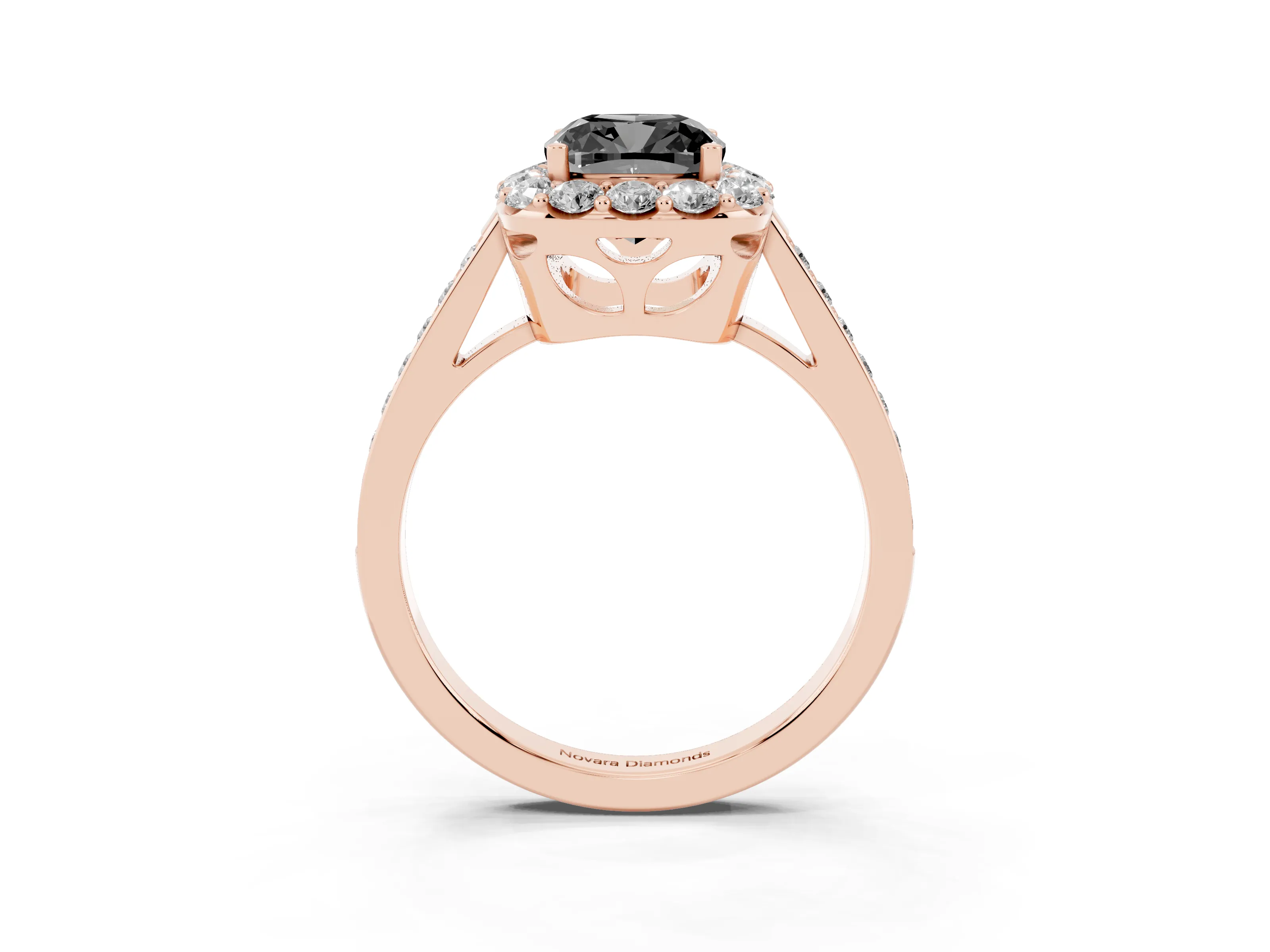 Fancy Black Cushion Cut Diamond Floral Halo Ring Set in Rose gold with Pavé Band and Prong Setting