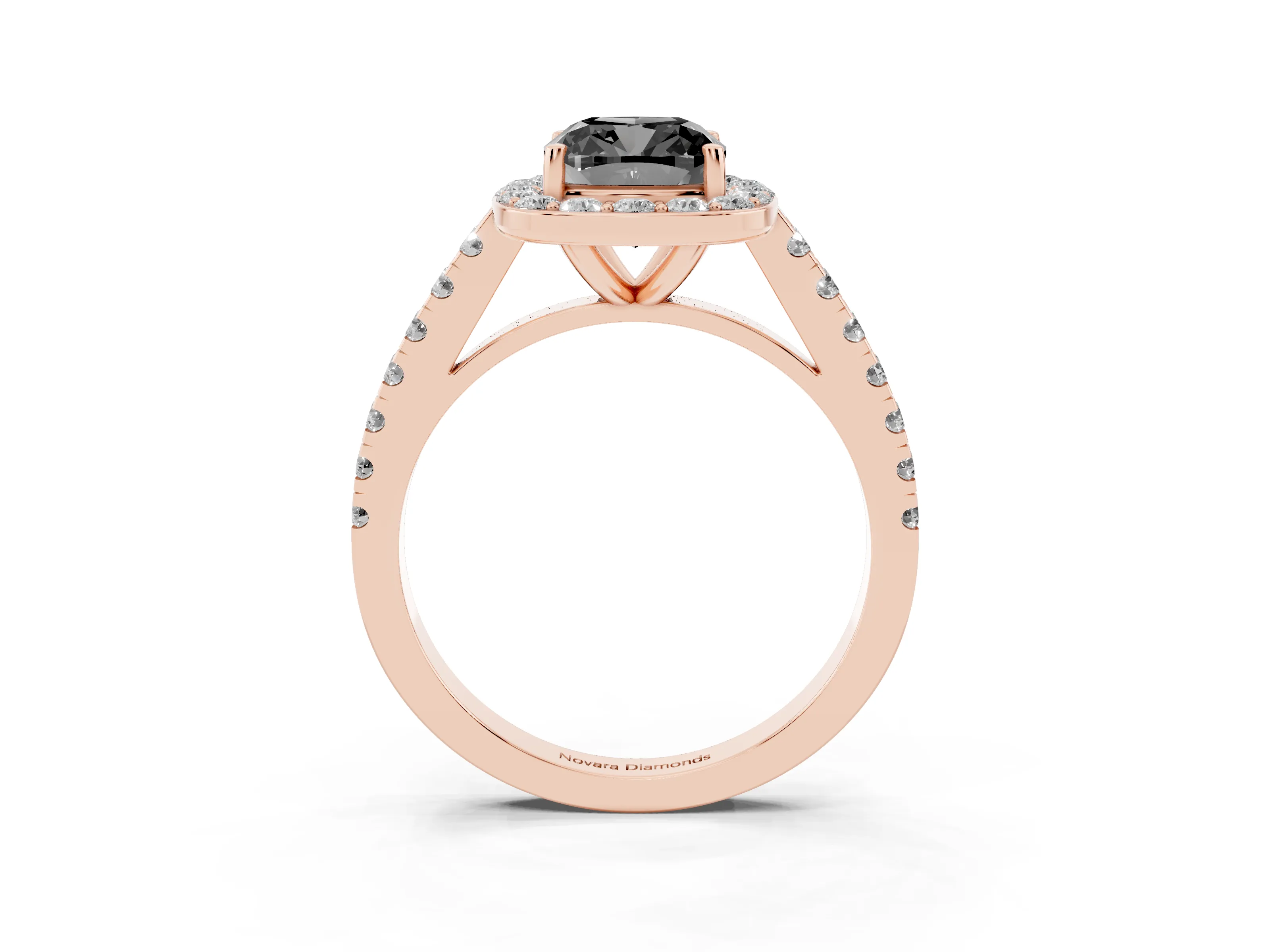 Fancy Black Cushion Cut Diamond Halo Ring Set in Rose gold with Round Pavé Split Shank and Prong Setting