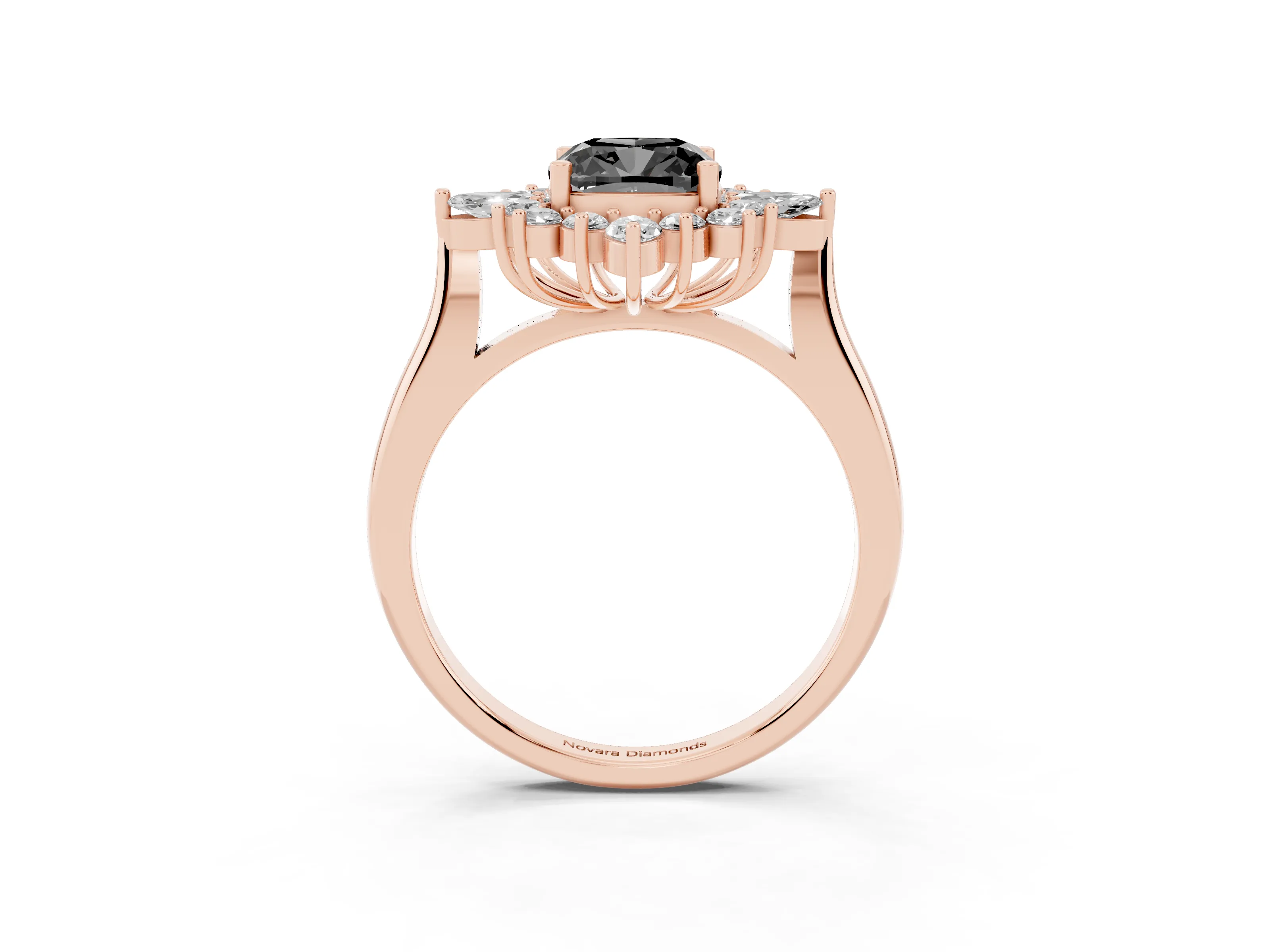 Fancy Black Cushion Cut Diamond Cluster Halo Ring Set in Rose gold with Marquise and Round Accents