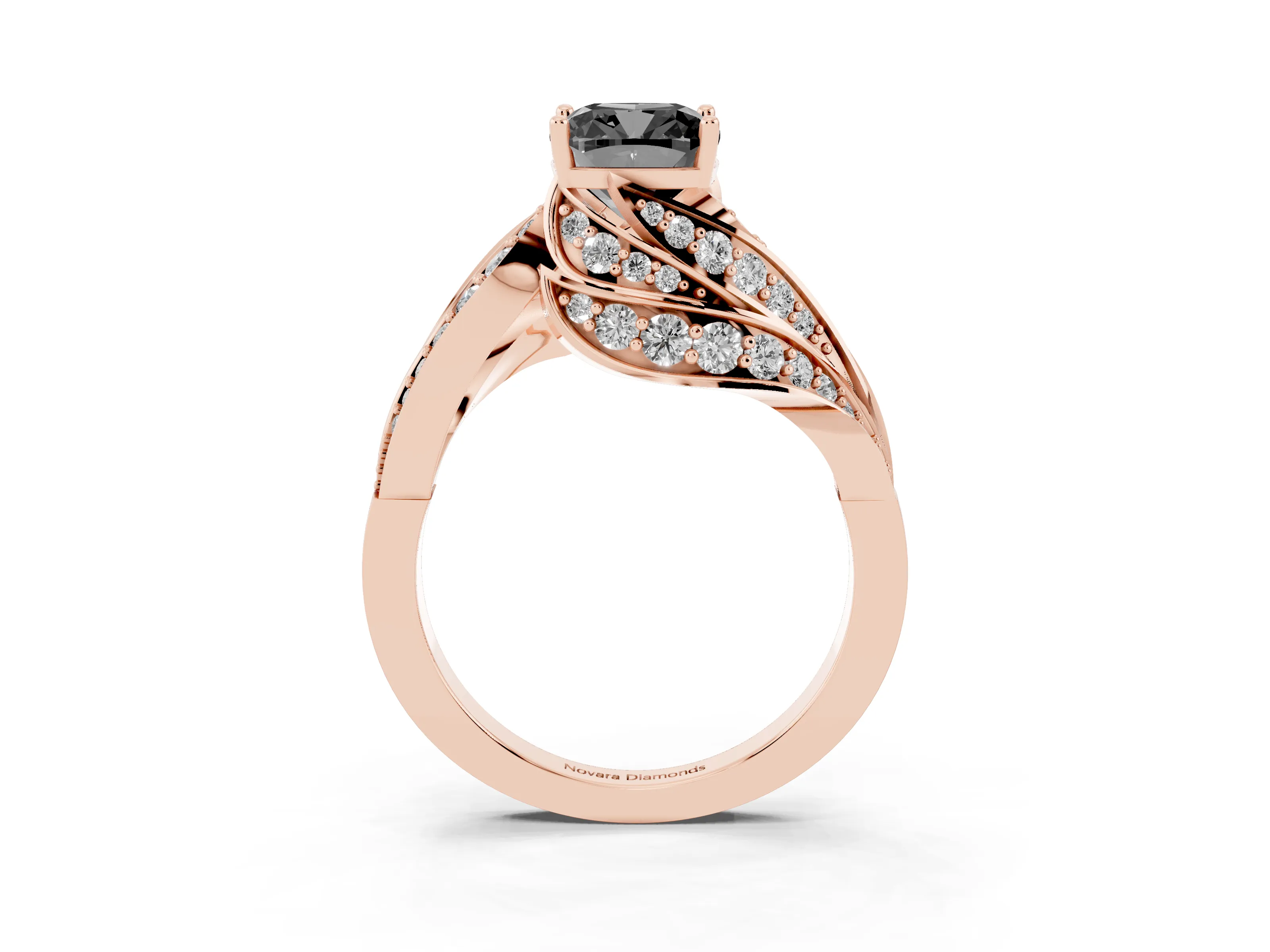 Fancy Black Cushion Cut Diamond Solitaire Ring Set in Rose gold with Layered Twist Pavé Band