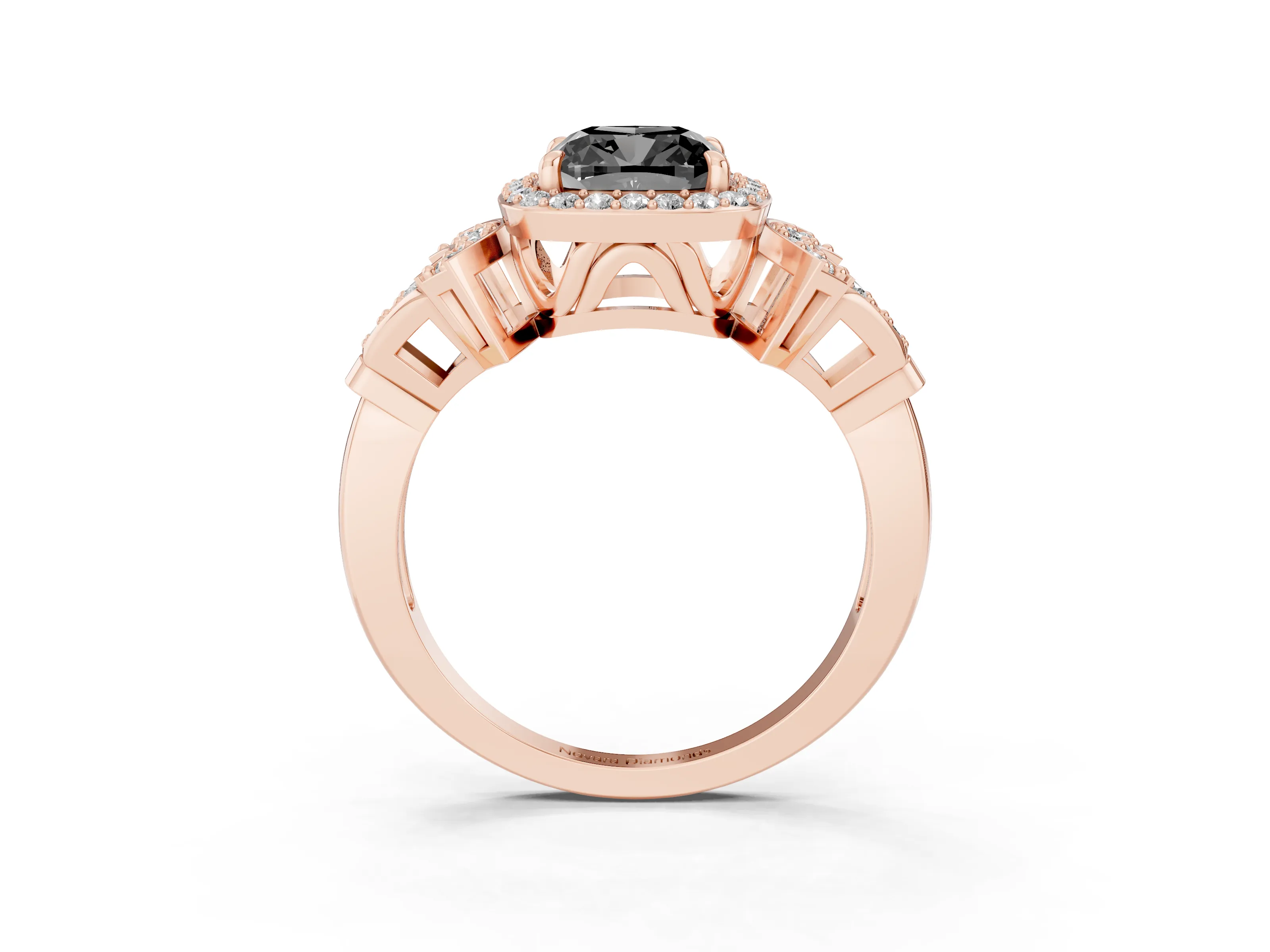 Fancy Black Cushion Cut Diamond Halo Engagement Ring Set in Rose gold with Accent Stone Split Shank