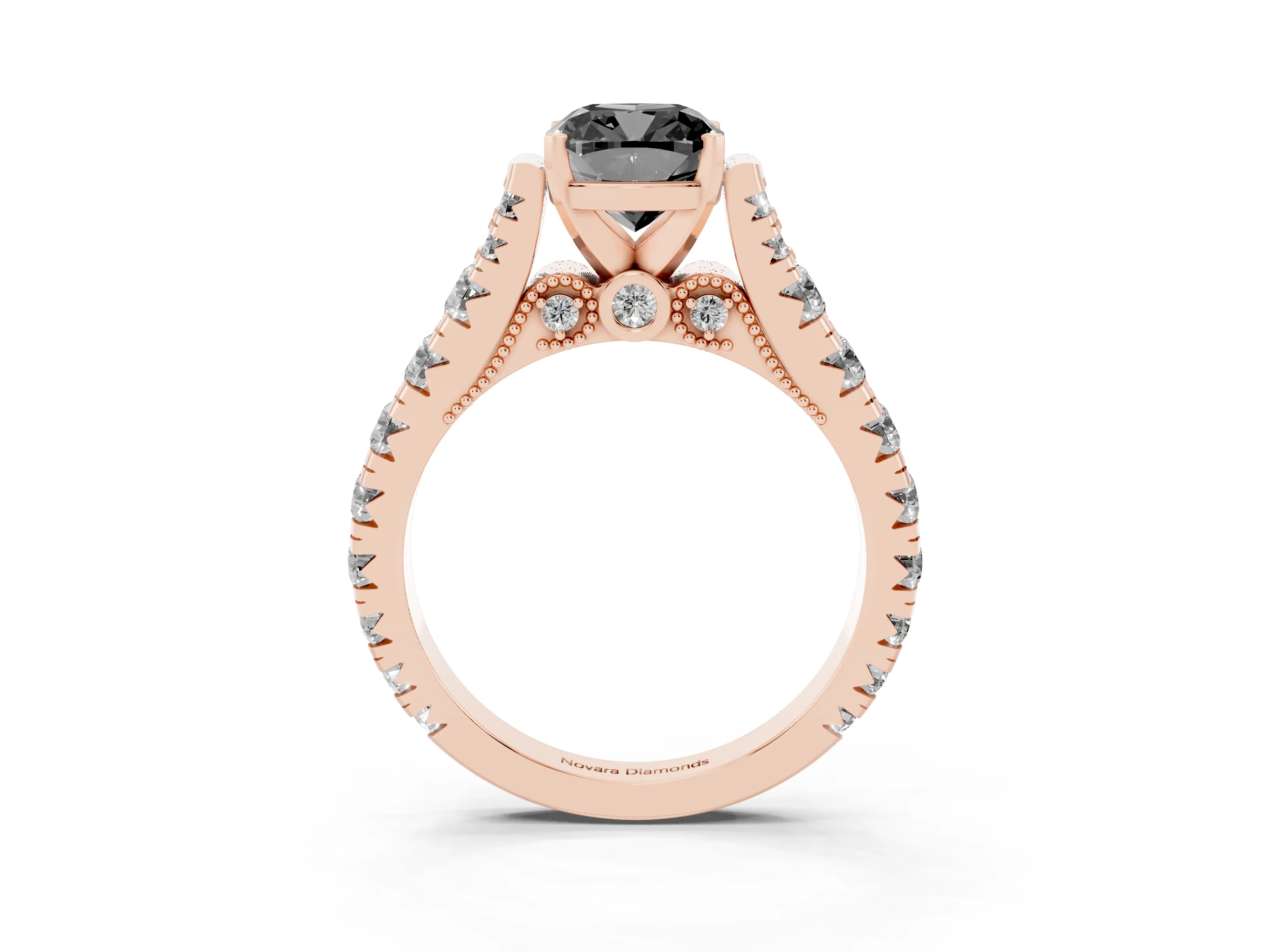 Fancy Black Cushion Cut Diamond Classic Solitaire Ring Set in Rose gold with Pavé Band and Prong Setting