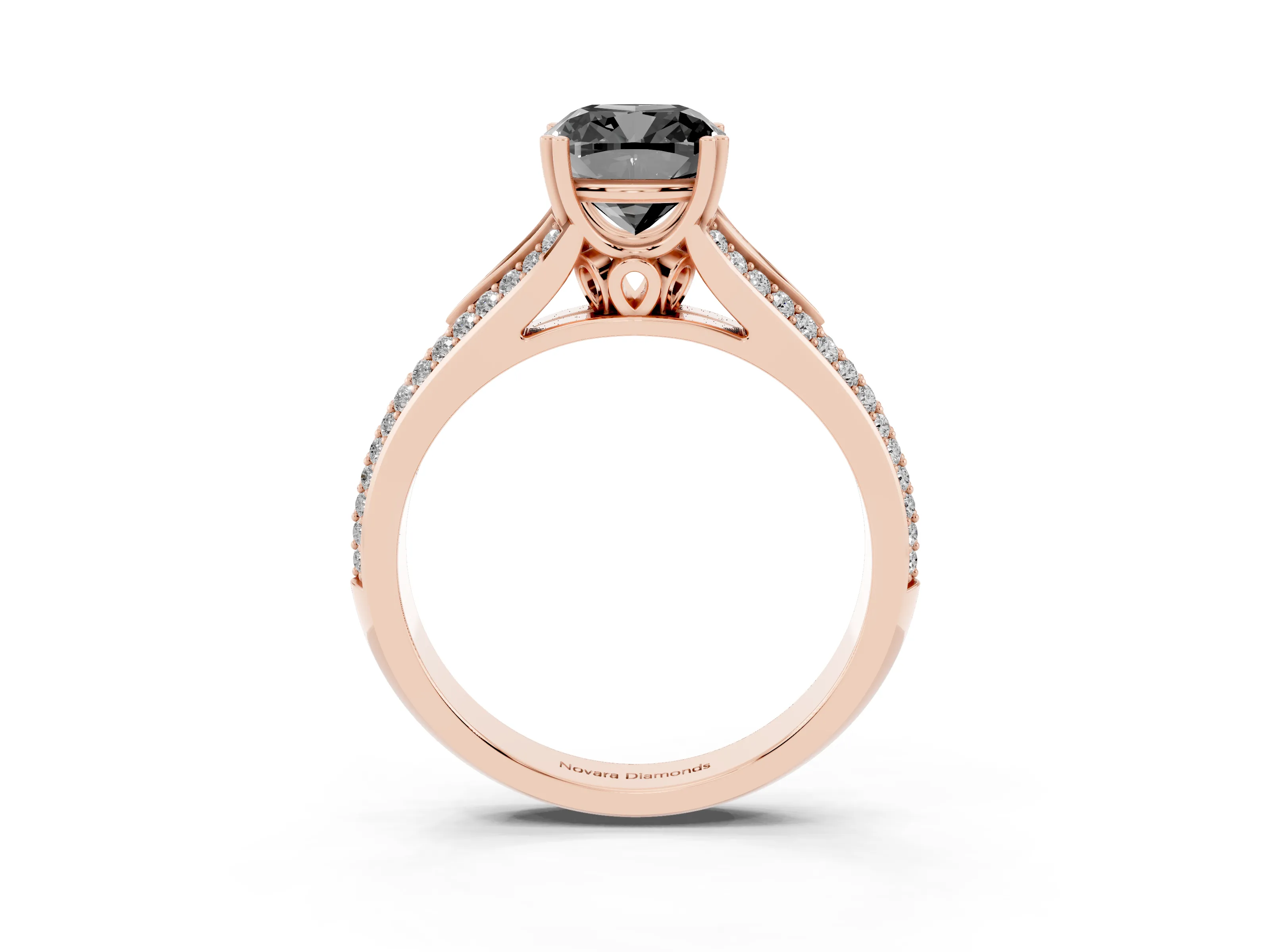 Fancy Black Cushion Cut Diamond Split Shank Pavé Engagement Ring Set in Rose gold with Prong-Set Center Stone