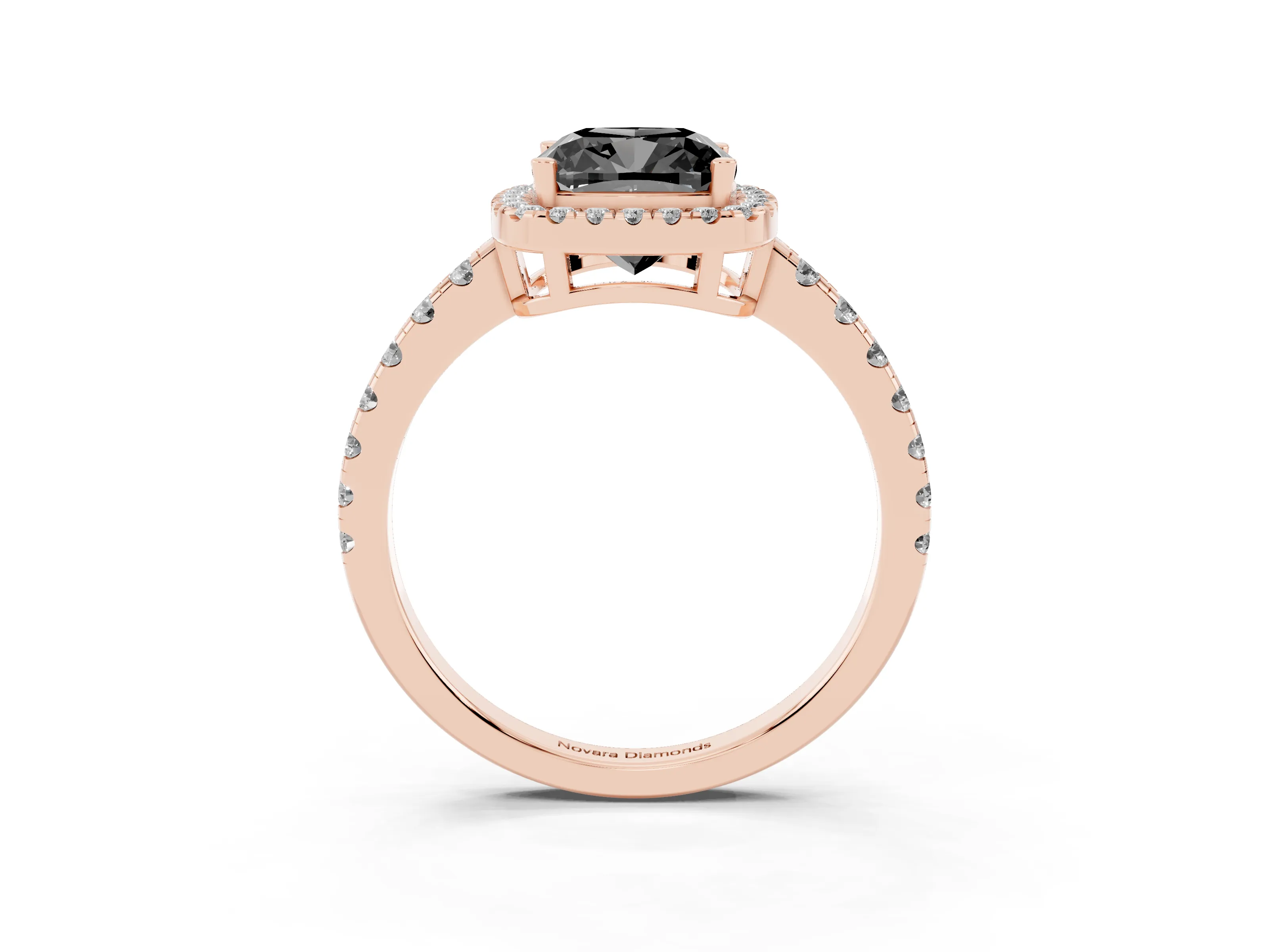 Fancy Black Cushion Cut Diamond Halo Ring Set in Rose gold with Delicate Pavé Band and Prong Setting