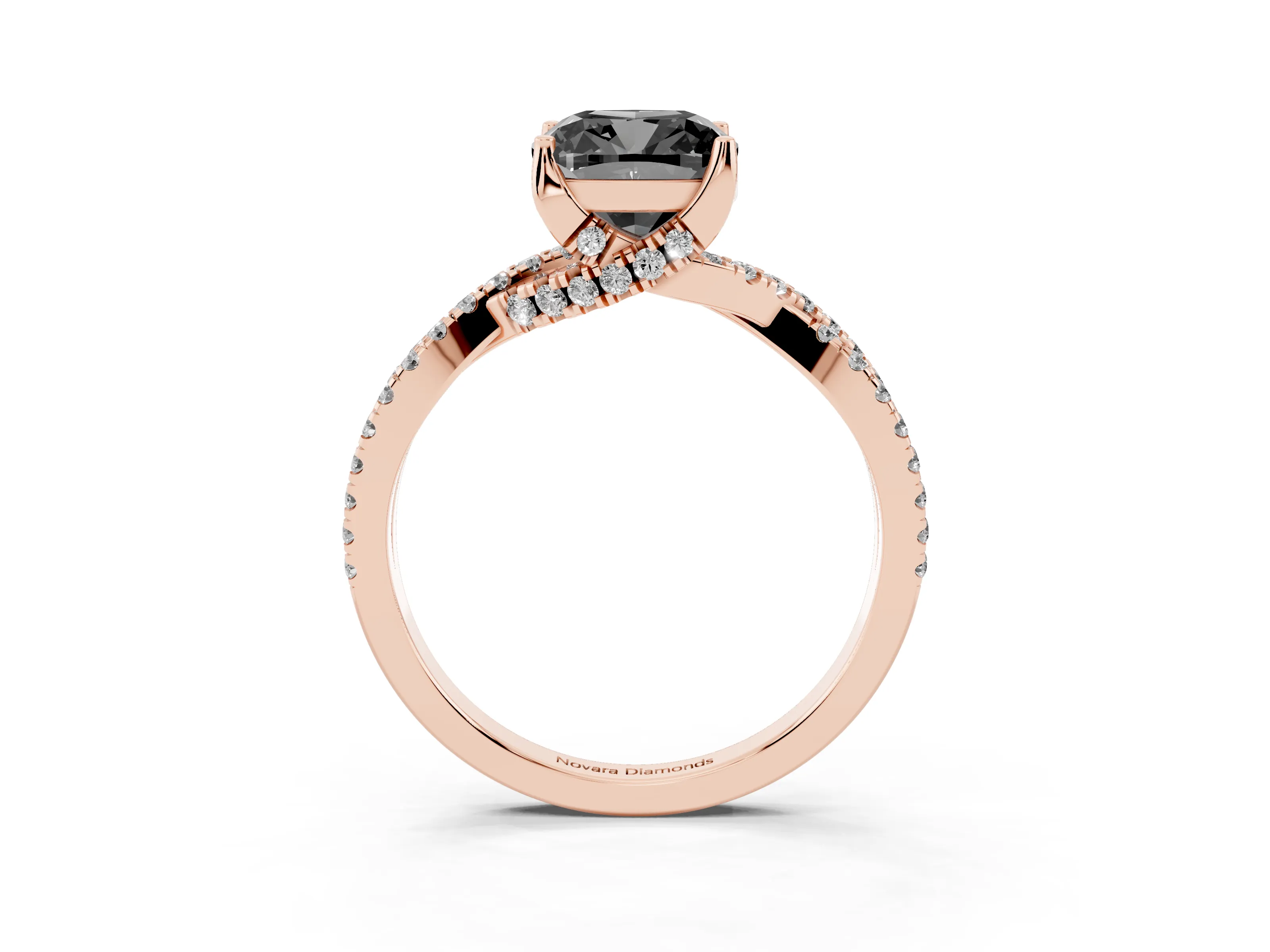 Fancy Black Cushion Cut Diamond Twist Pavé Solitaire Engagement Ring Set in Rose gold with Prong Setting