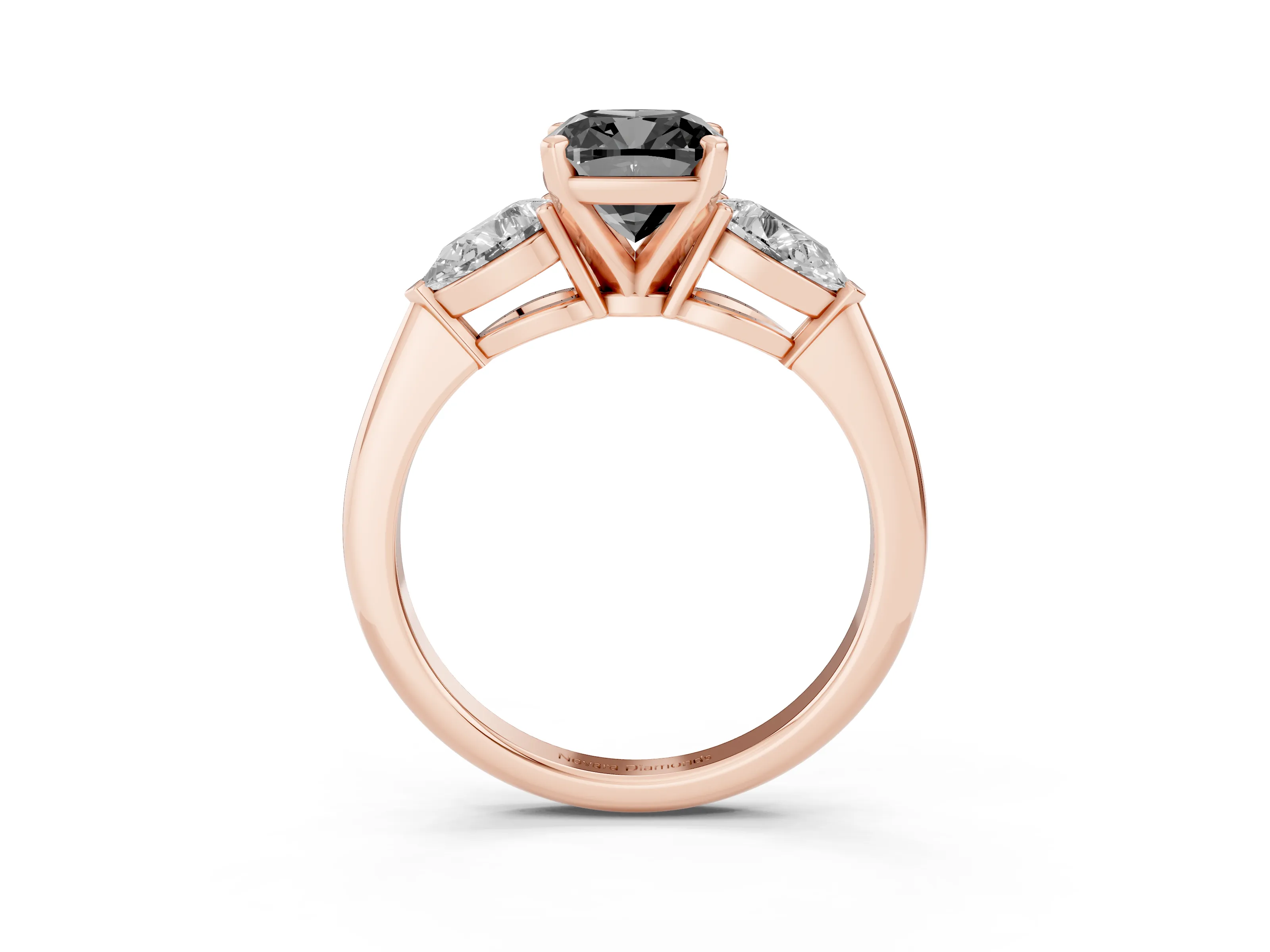 Fancy Black Three-Stone Cushion Cut Diamond Ring Set in Rose gold with Pear Side Stones and Prong Setting