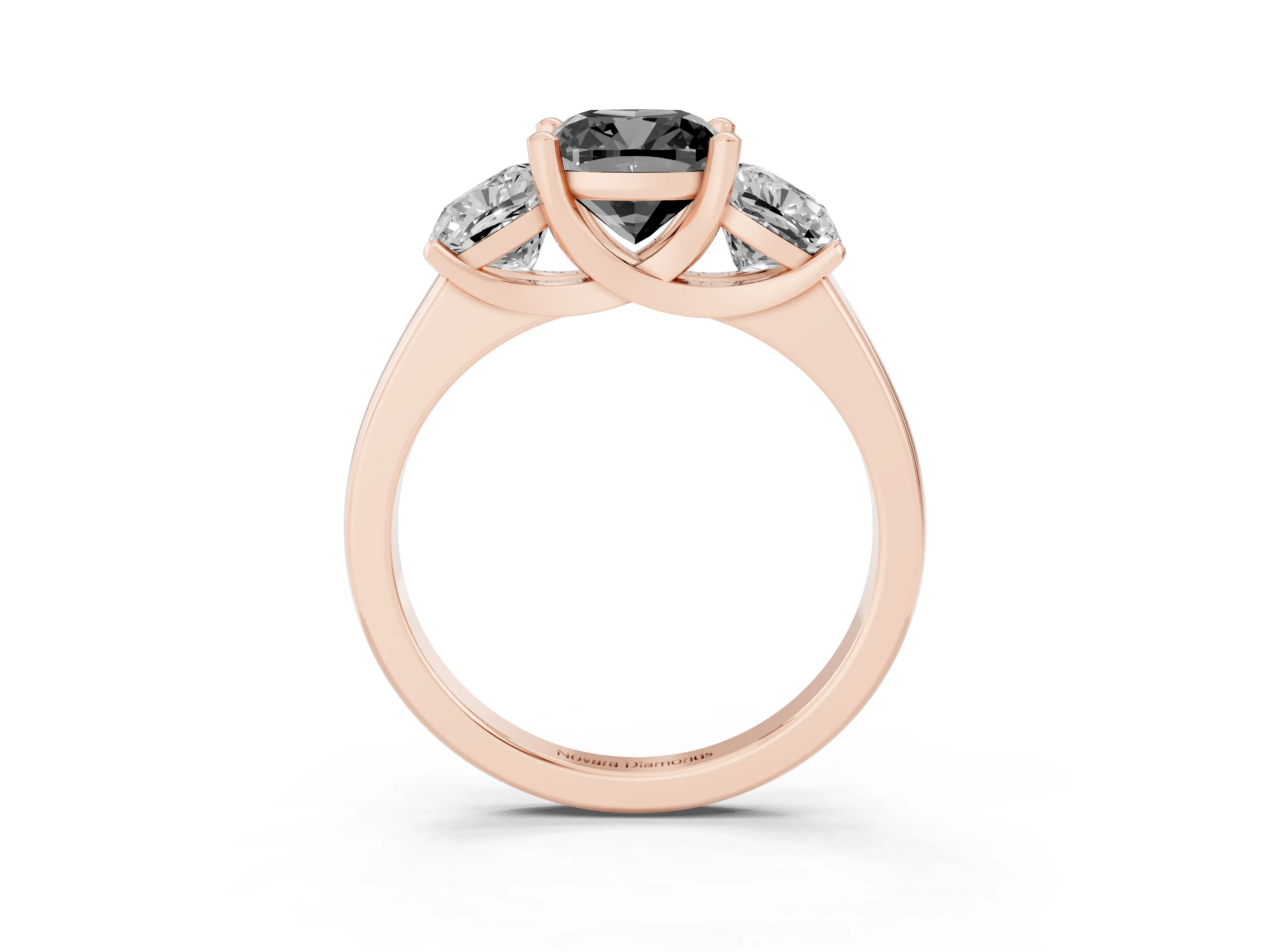 Fancy Black Cushion Cut Diamond Three-Stone Ring Set in Rose gold with Classic Prong Setting and Plain Band