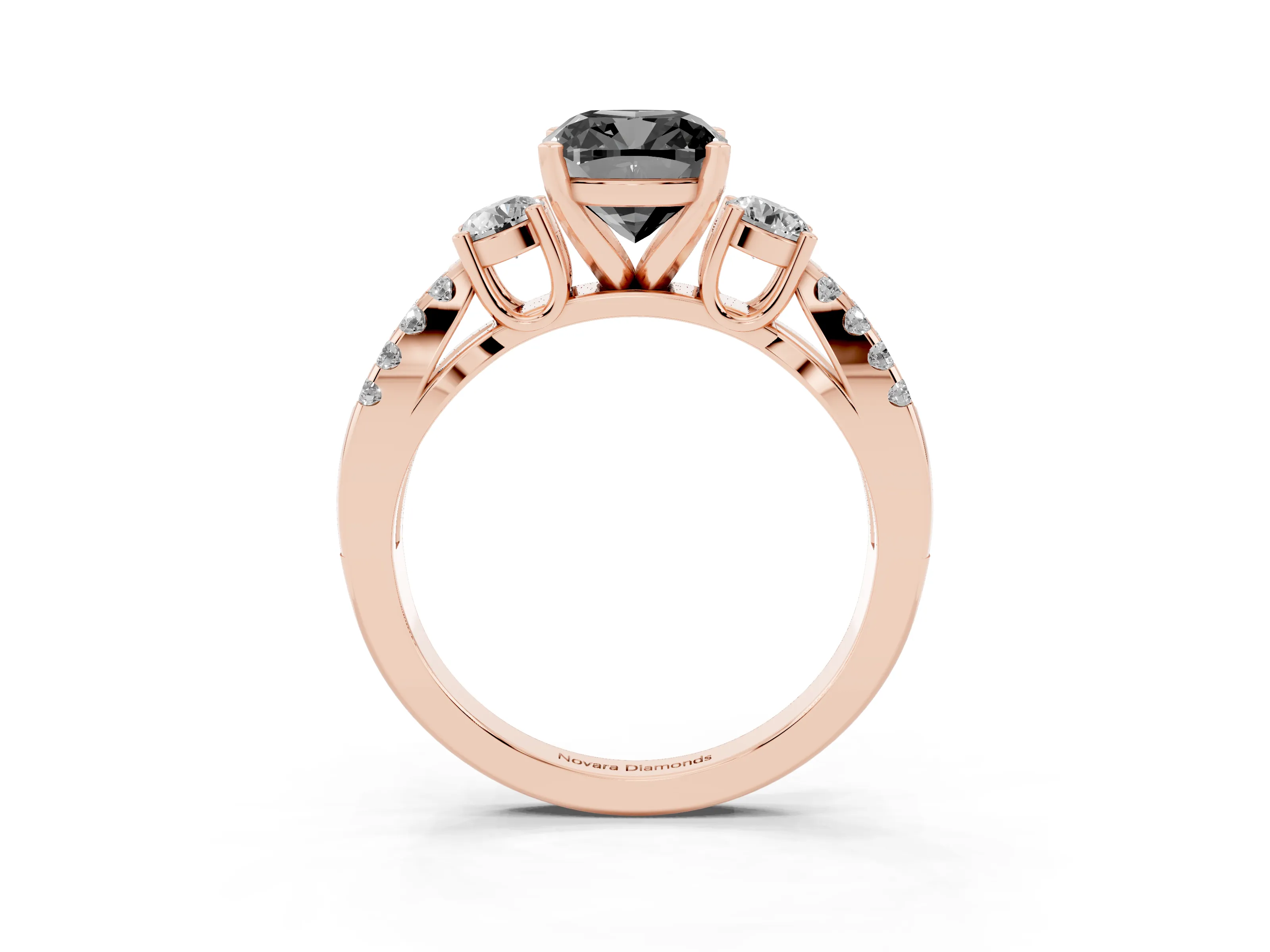 Fancy Black Cushion Cut Diamond Three-Stone Ring Set in Rose gold with Pavé Split Shank and Prong Setting
