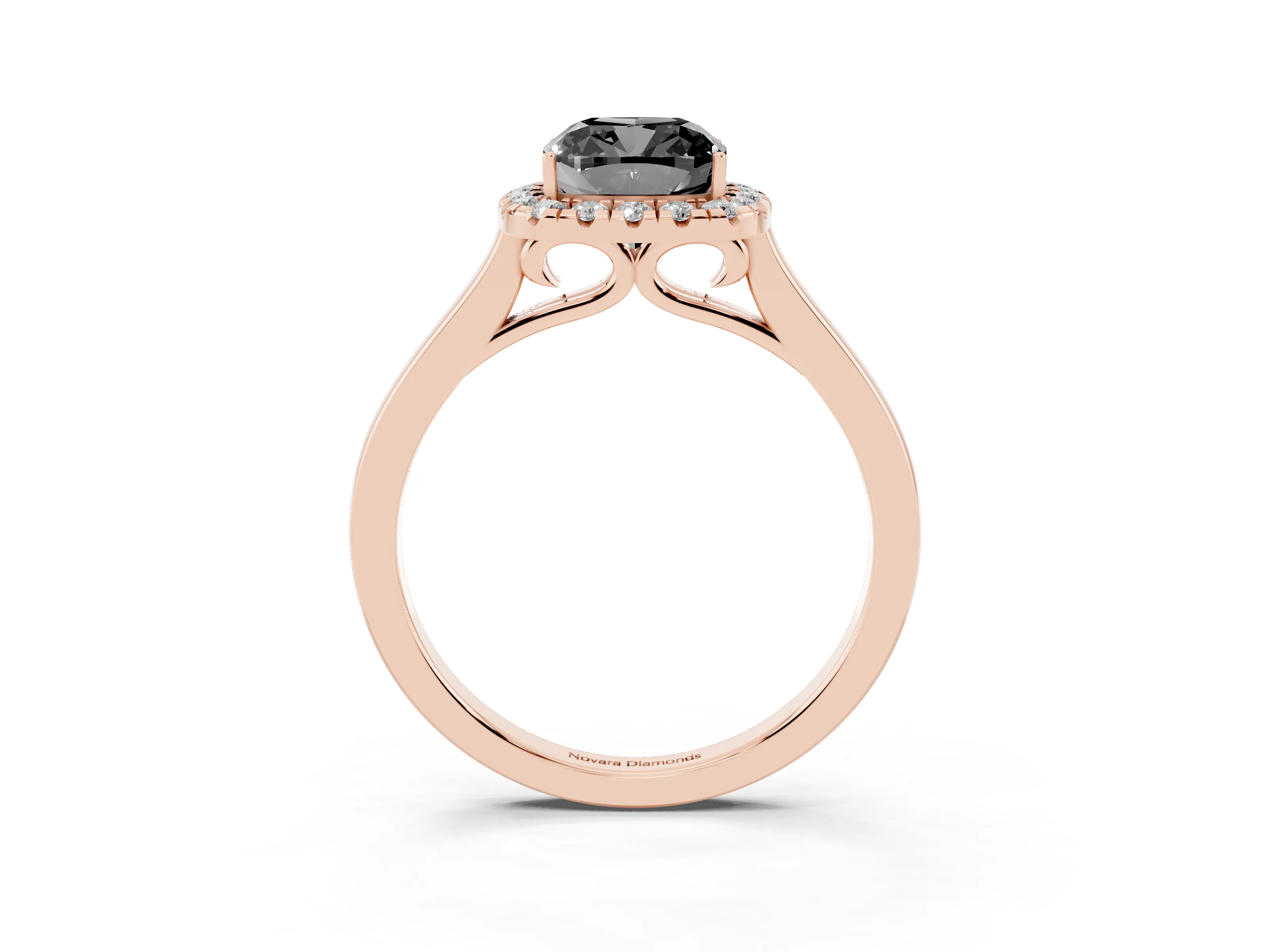 Fancy Black Cushion Cut Halo Round Diamond Solitaire Ring Set in Rose gold with Pavé Band and Prong Setting