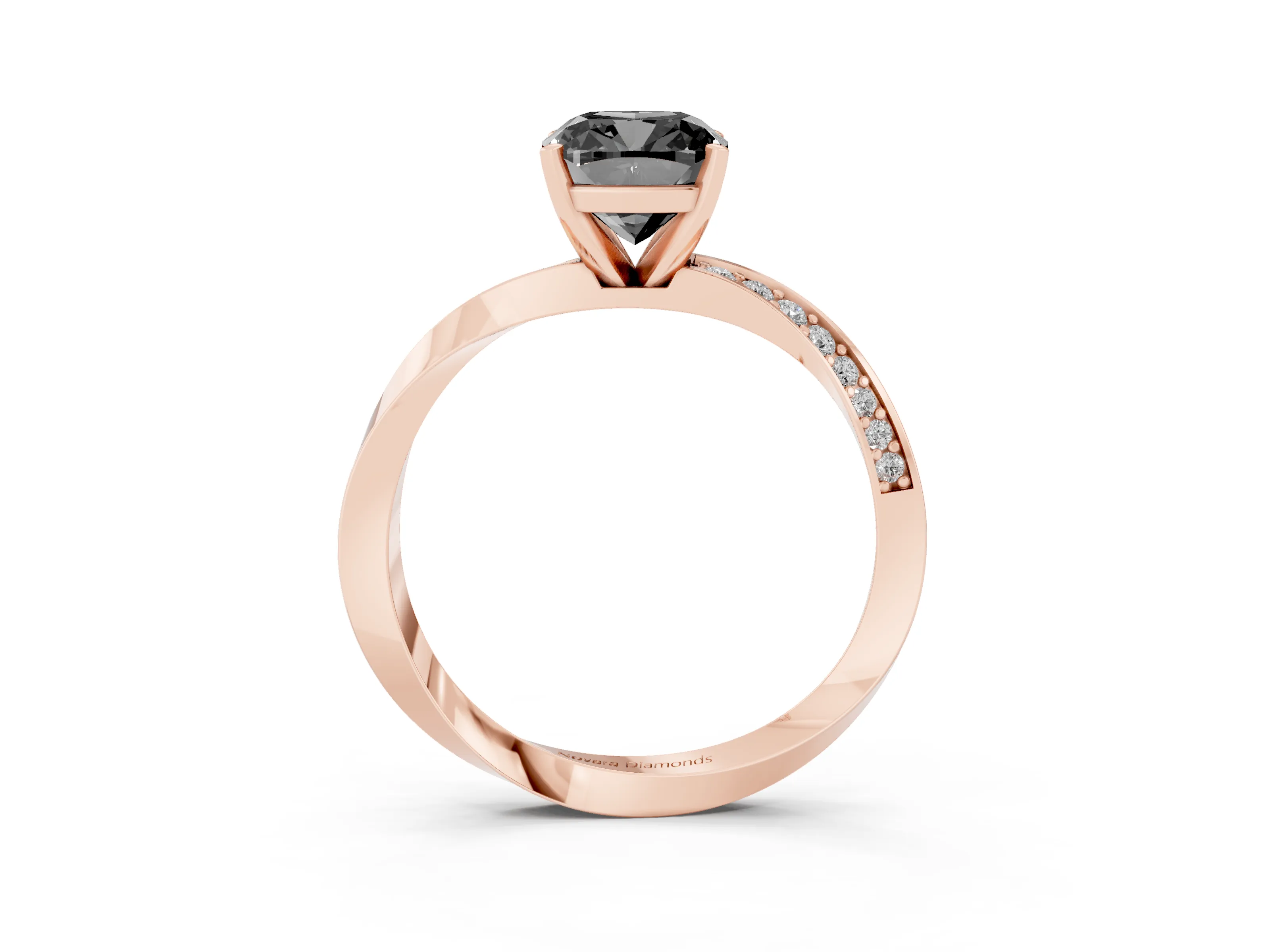 Fancy Black Cushion Cut Diamond Engagement Ring Set in Rose gold with Side Stone Accents and Prong Setting