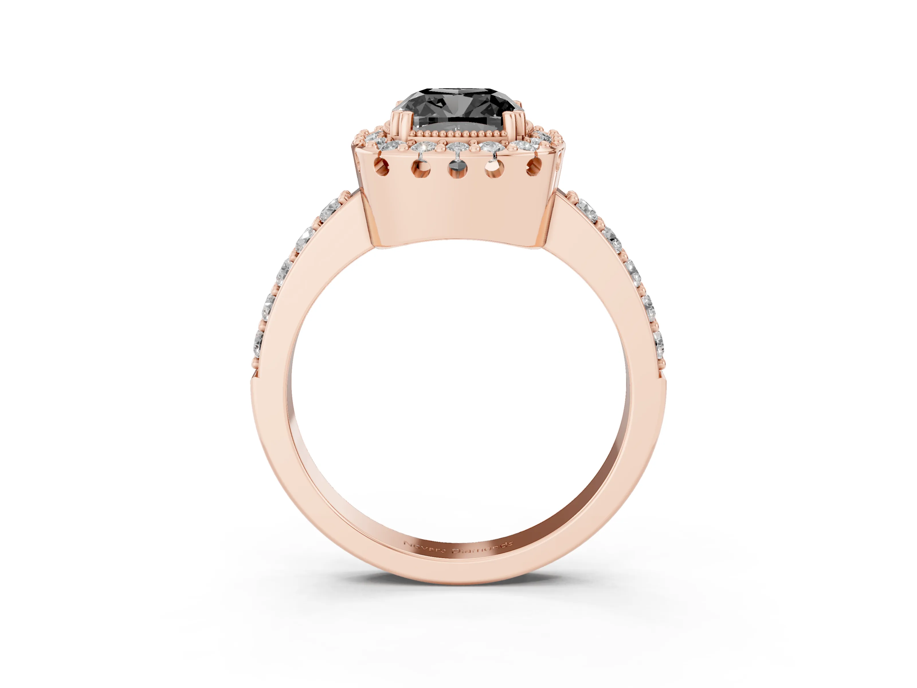 Fancy Black Cushion Cut Diamond Halo Ring Set in Rose gold with Pavé Shank and Prong Setting