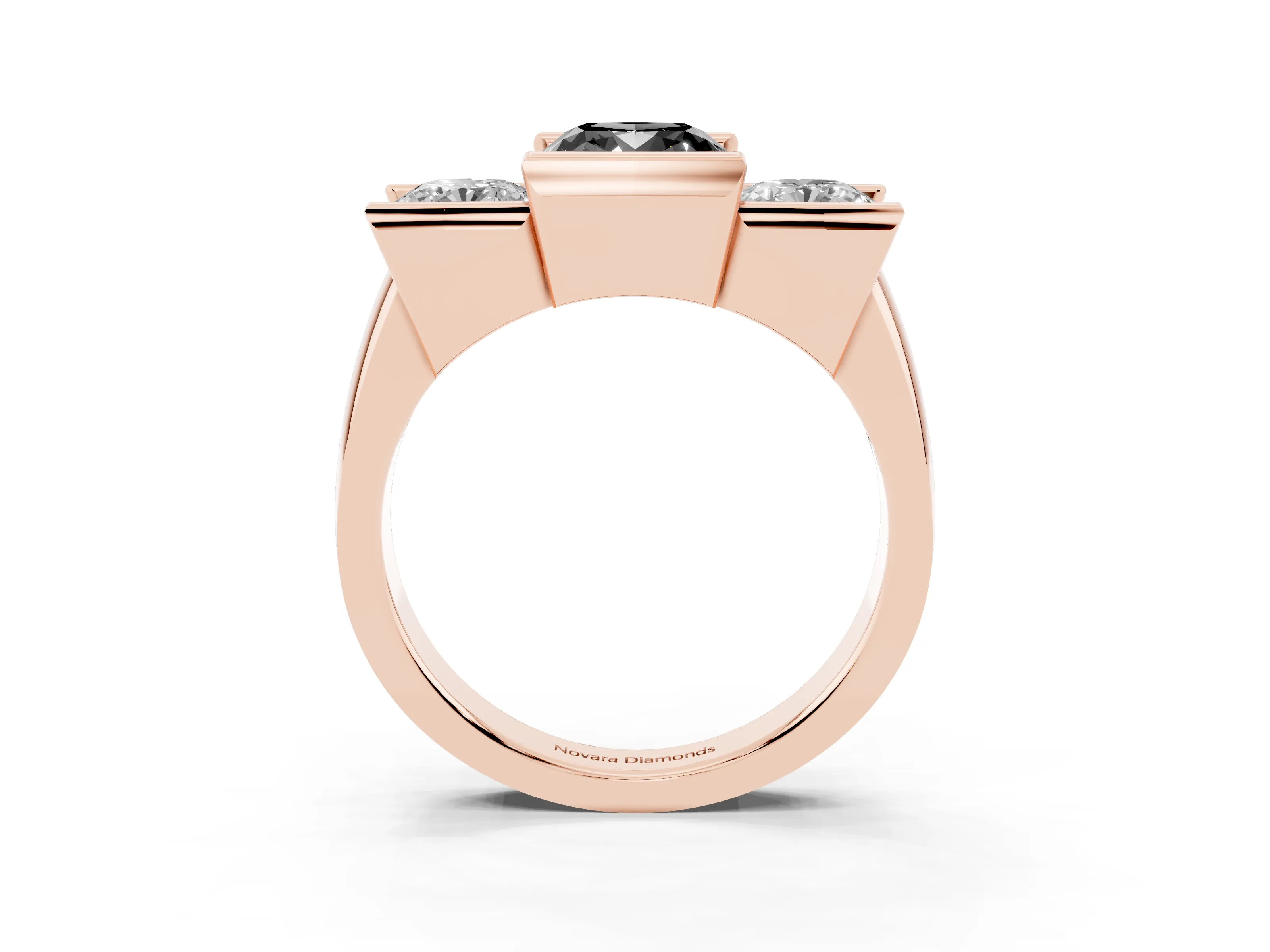 Fancy Black Cushion Cut Diamond Three-Stone Channel Set Ring Set in Rose gold with Smooth Polished Band