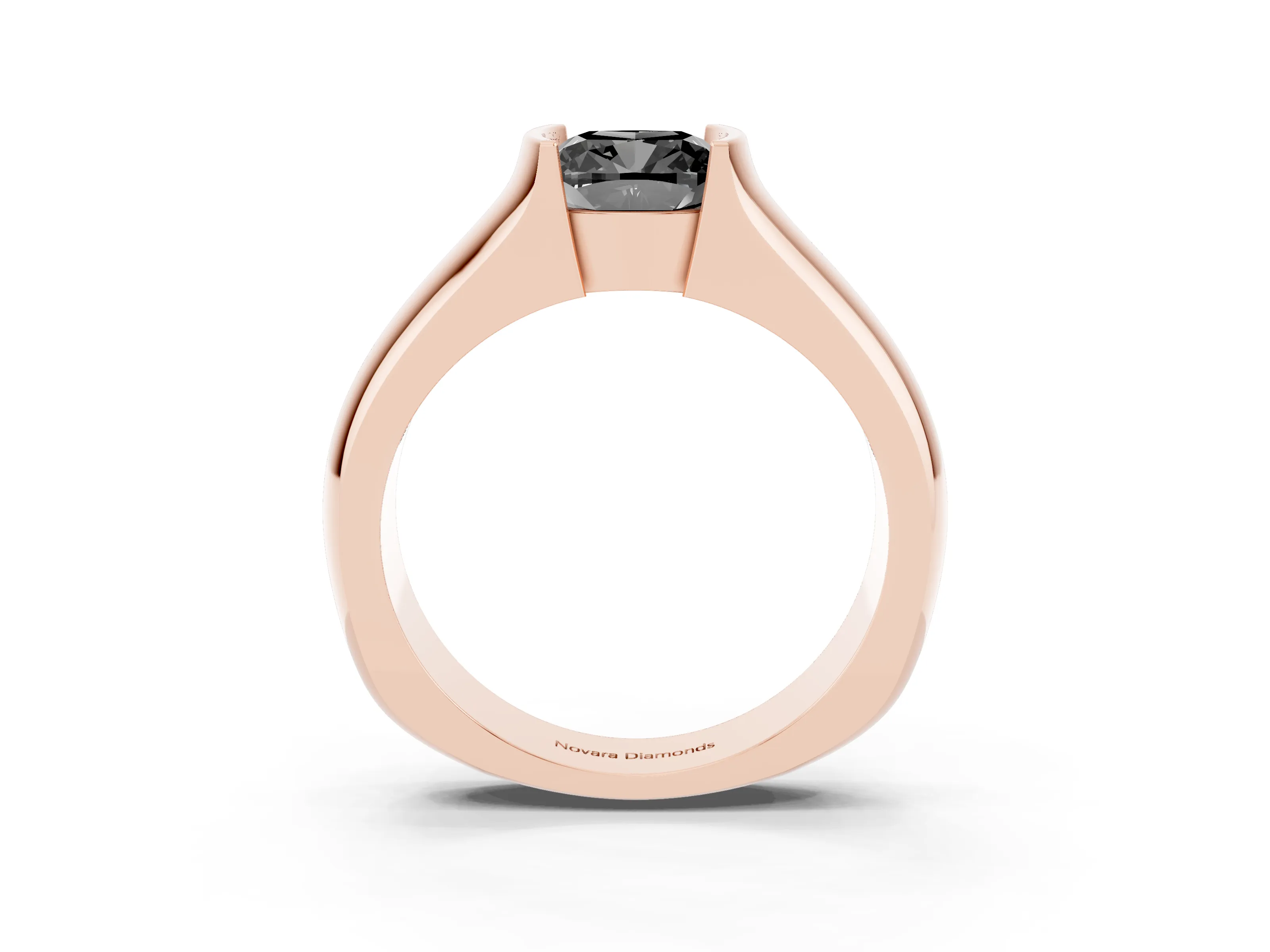 Fancy Black Cushion Cut Diamond Bezel Solitaire Ring Set in Rose gold with Wide Band