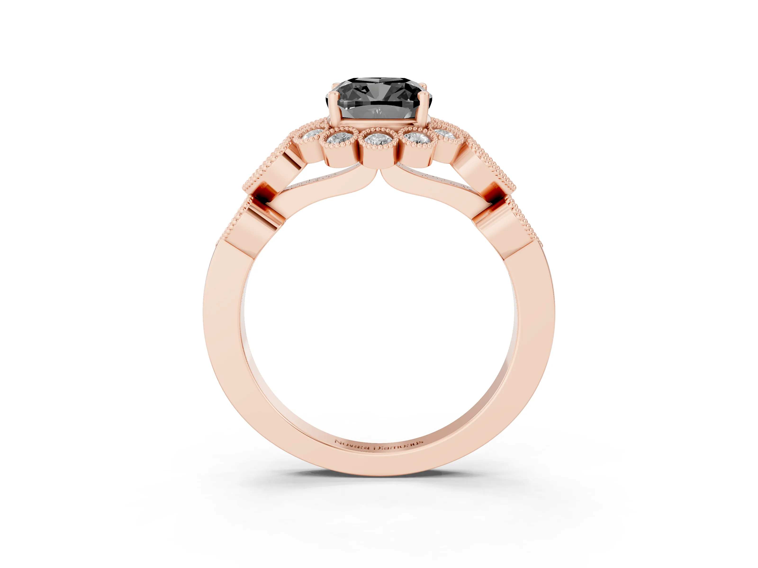 Fancy Black Cushion Cut Diamond Solitaire Ring Set in Rose gold with Milgrain Pavé Heart Band