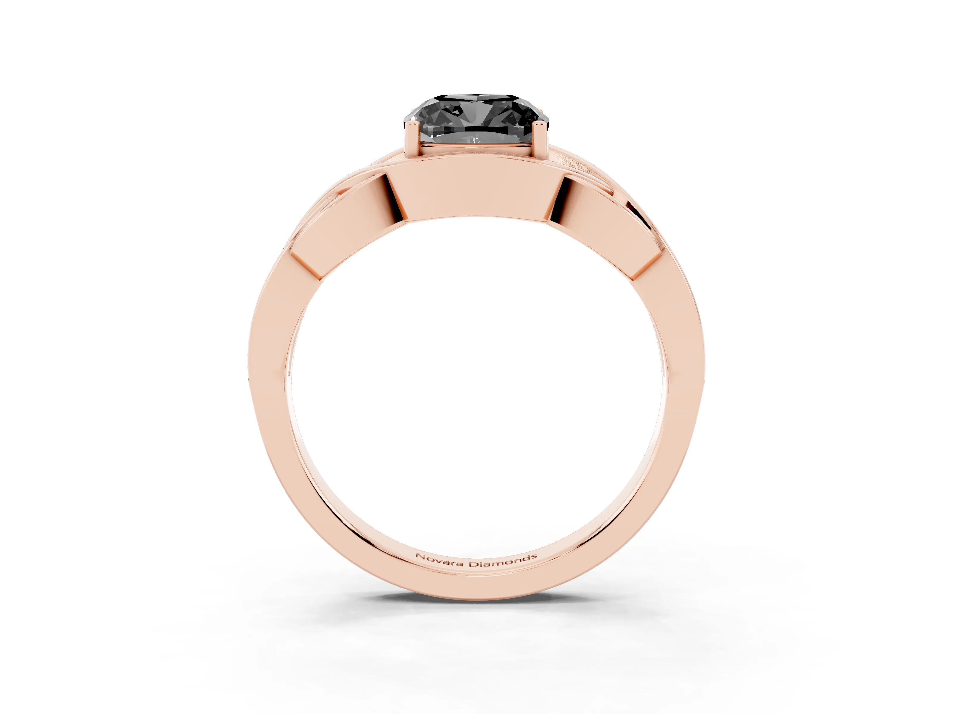 Fancy Black Cushion Cut Diamond Solitaire Ring Set in Rose gold with Intertwined Band
