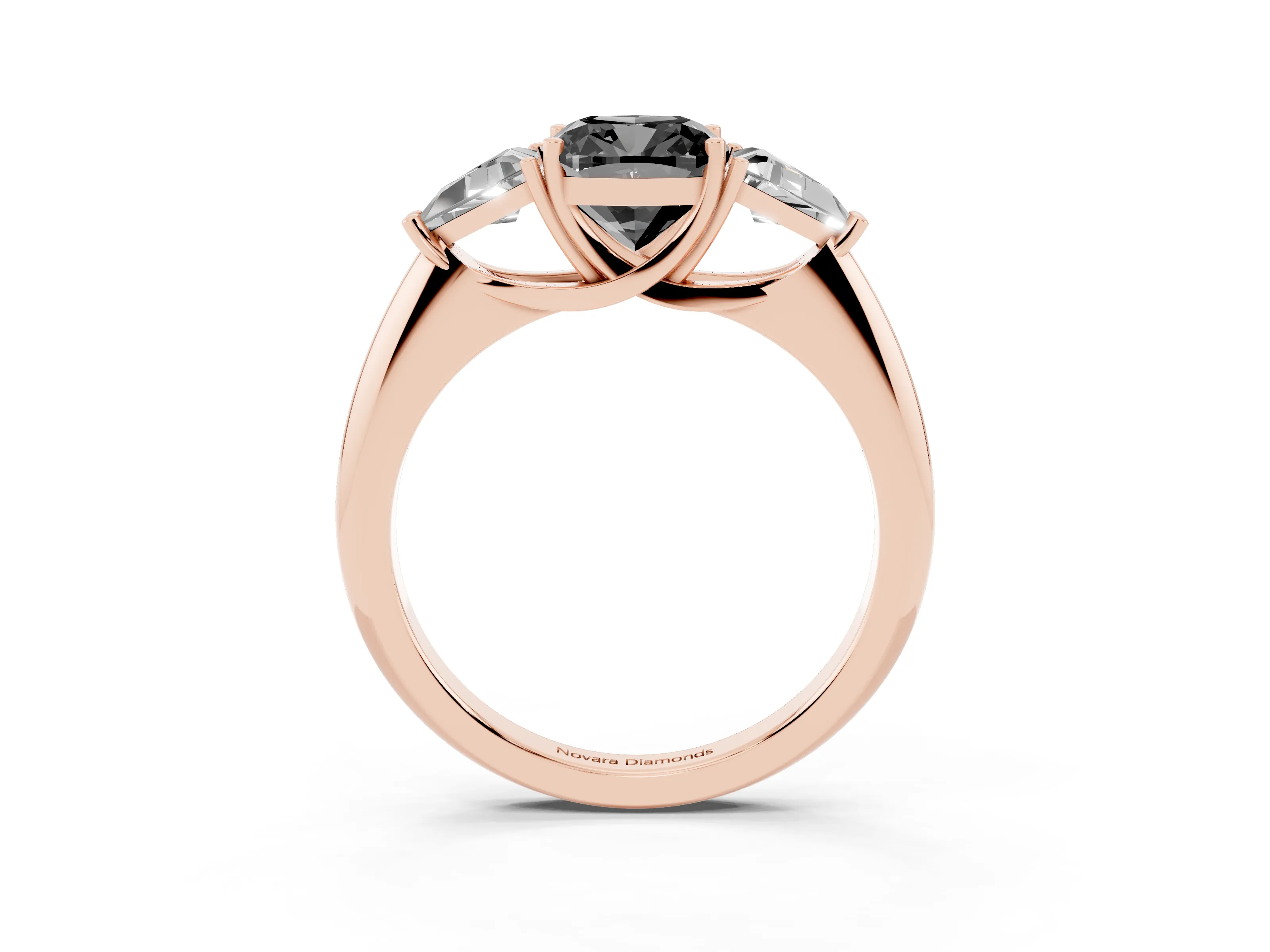 Fancy Black Cushion Cut Diamond Three-Stone Engagement Ring Set in Rose gold with Trillion Side Stones