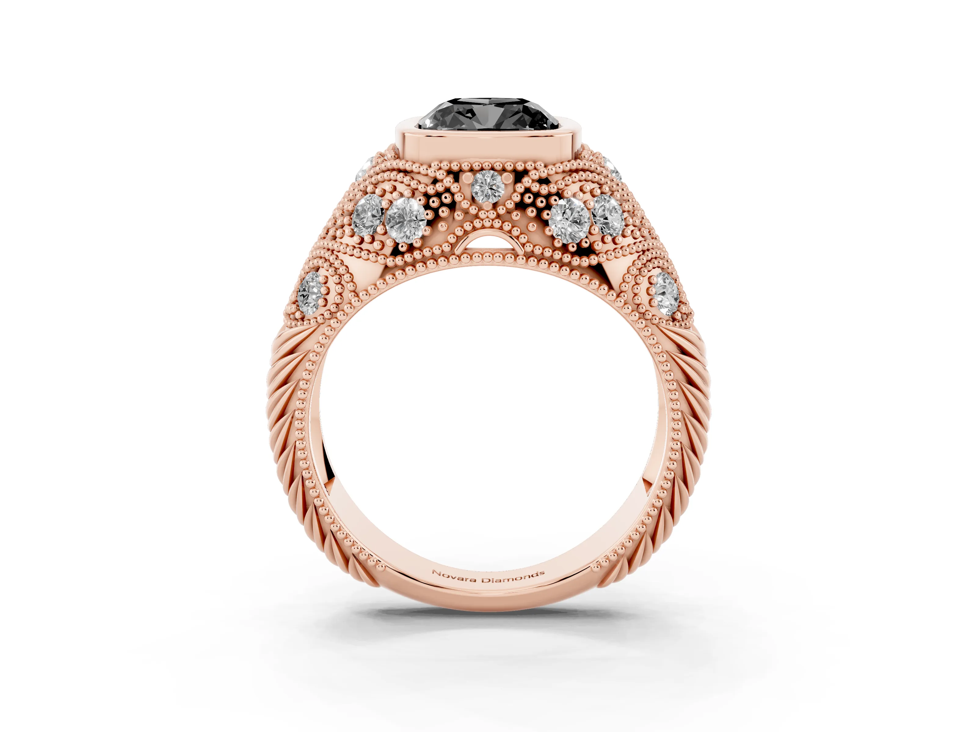 Fancy Black Cushion Cut Diamond Bezel Ring Set in Rose gold with Milgrain Accent Band