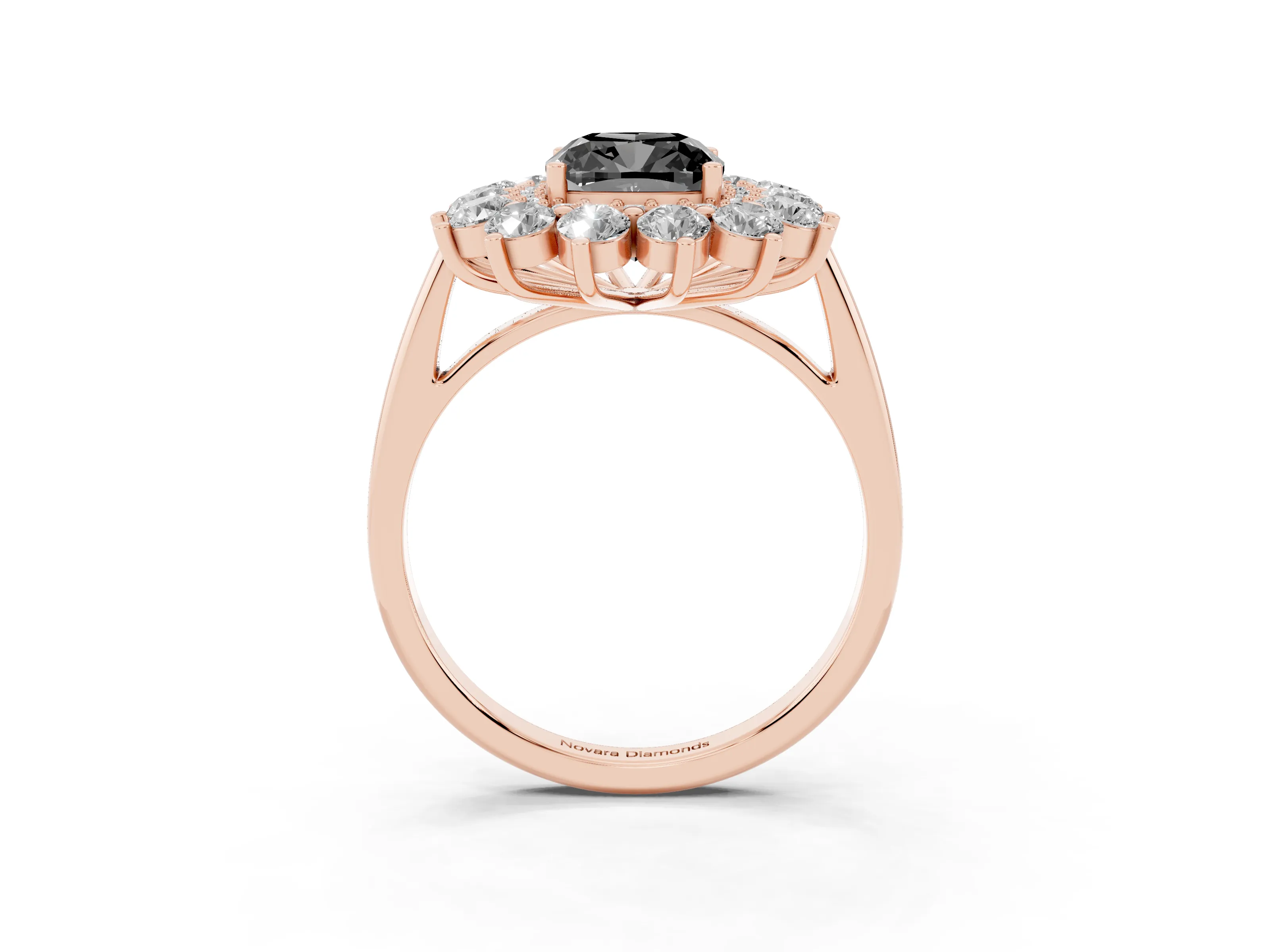 Fancy Black Cushion Cut Diamond Floral Double Halo Ring Set in Rose gold with Round Petals