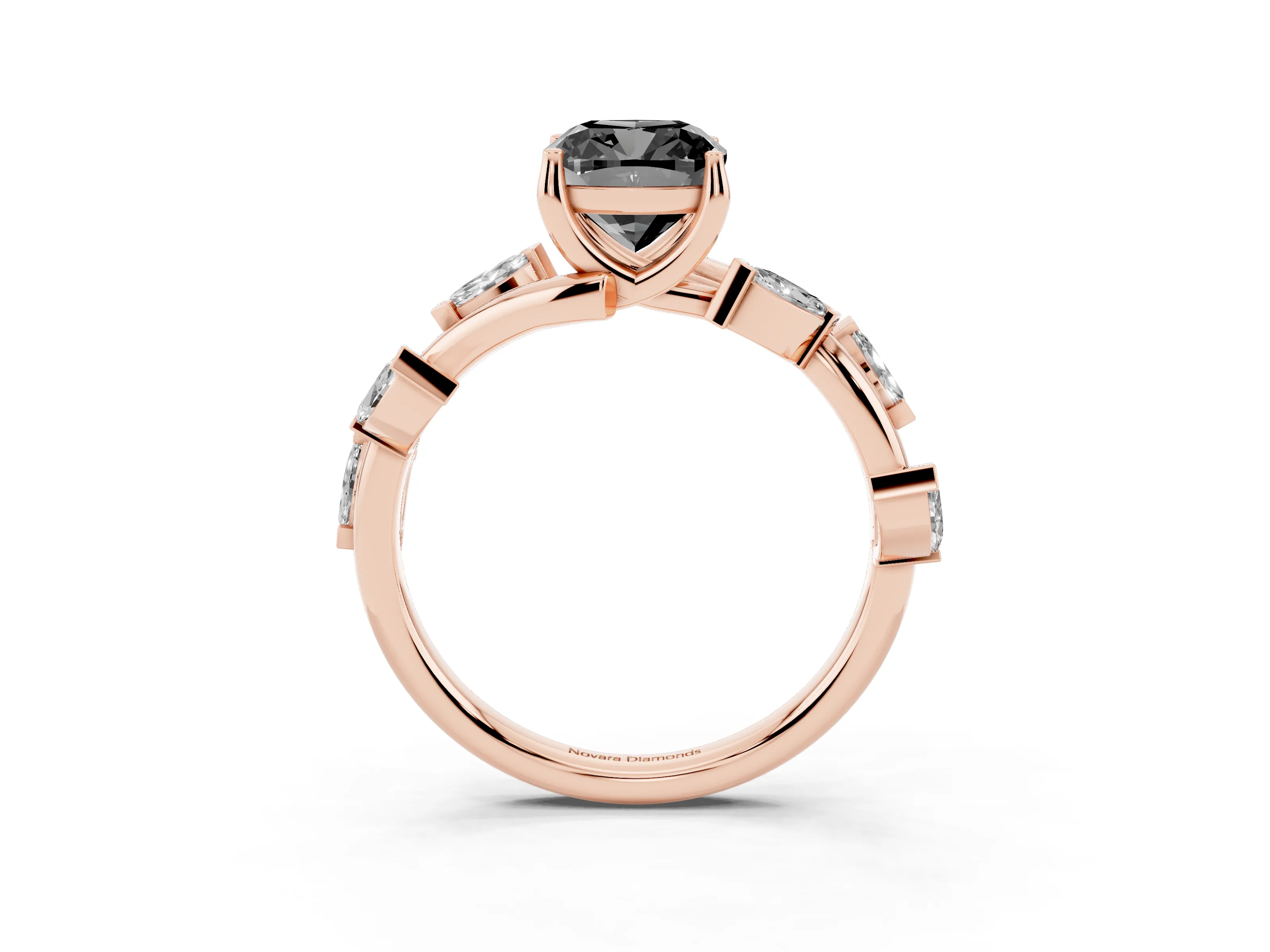 Fancy Black Cushion Cut Diamond Solitaire Ring Set in Rose gold with Twisted Marquise Accent Band