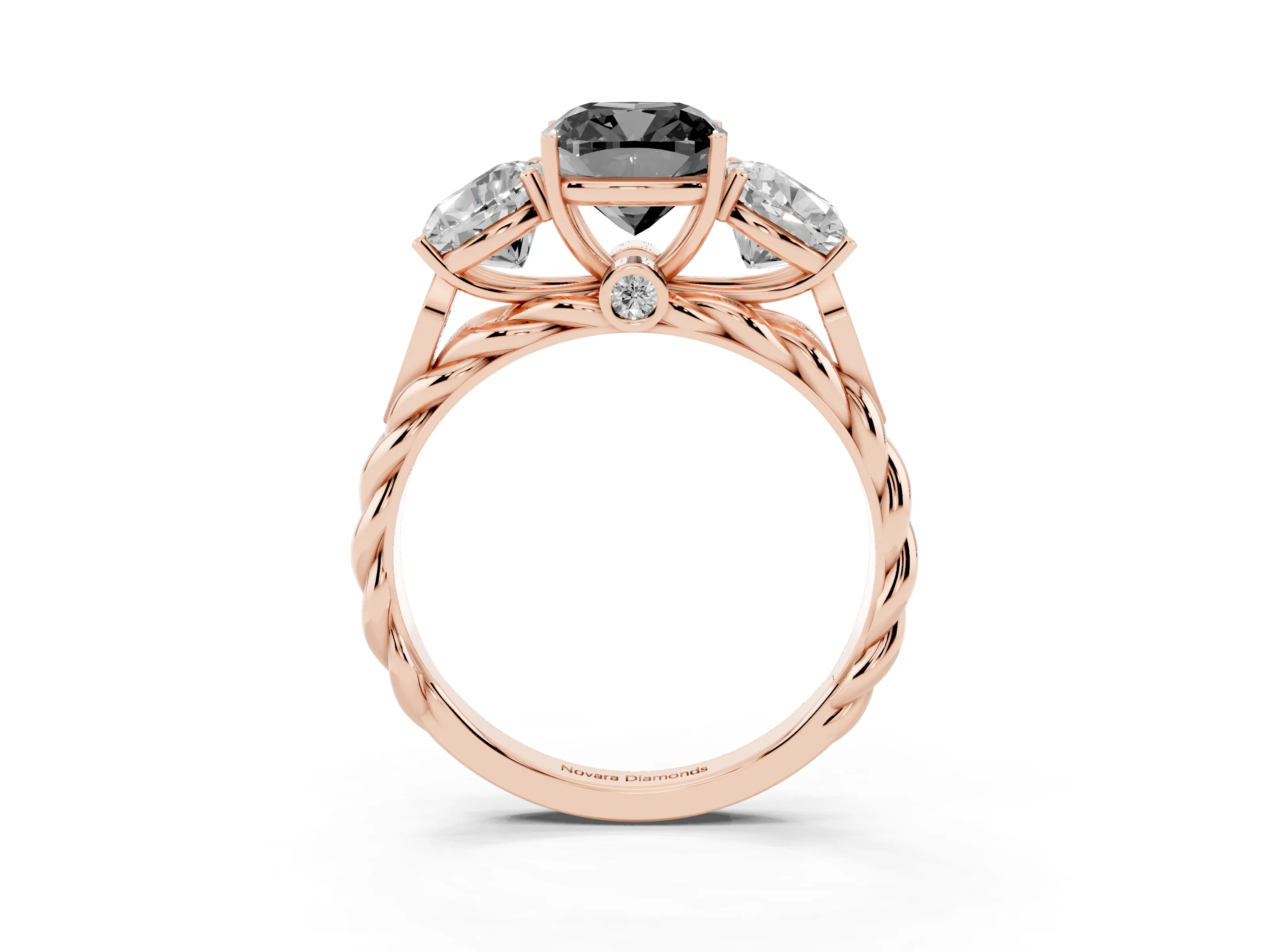 Fancy Black Cushion Cut Diamond Three-Stone Ring Set in Rose gold with Braided Band