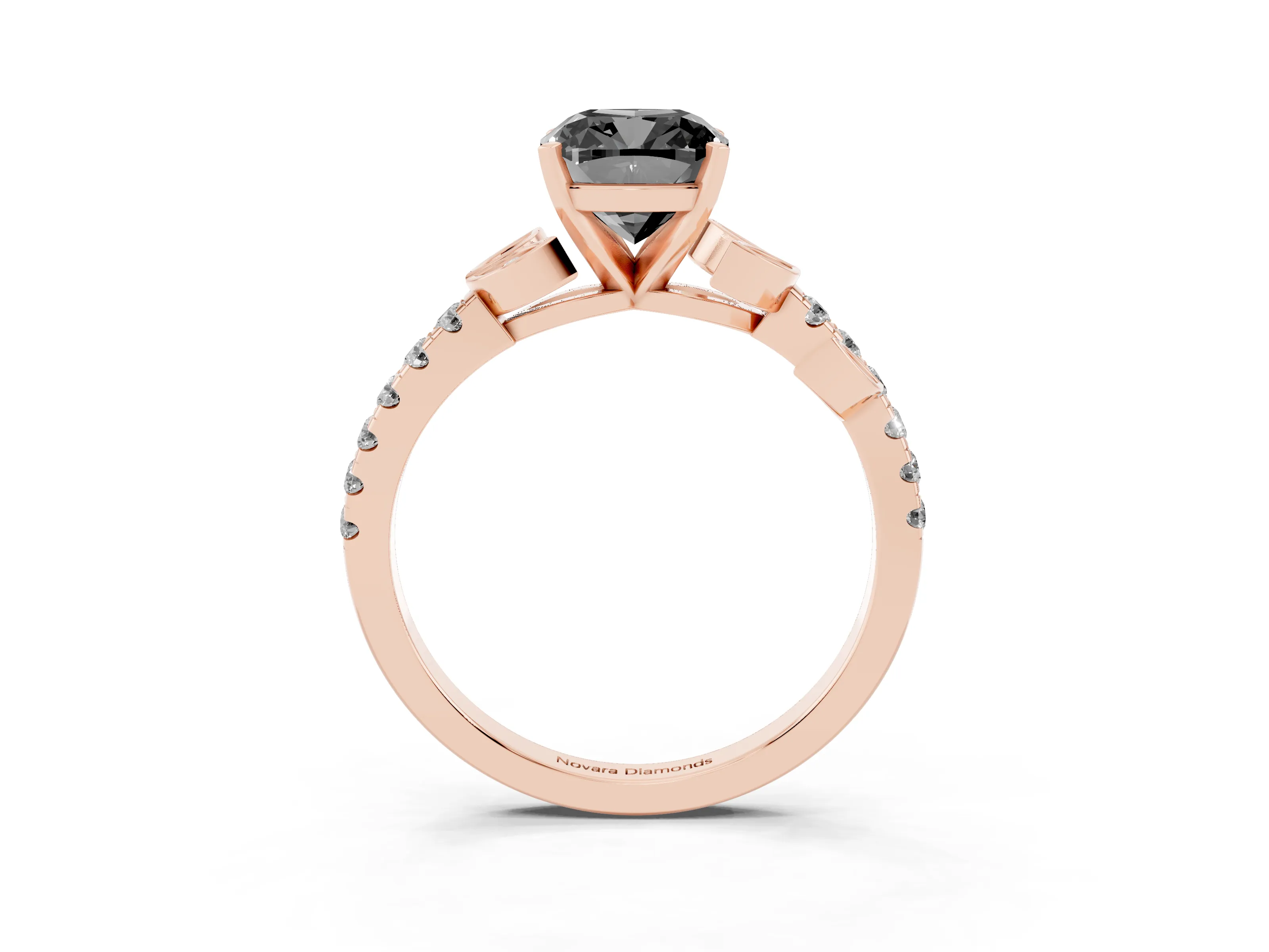 Fancy Black Cushion Cut Diamond Solitaire Leaf-Inspired Ring Set in Rose gold with Pavé Band and Prong Setting