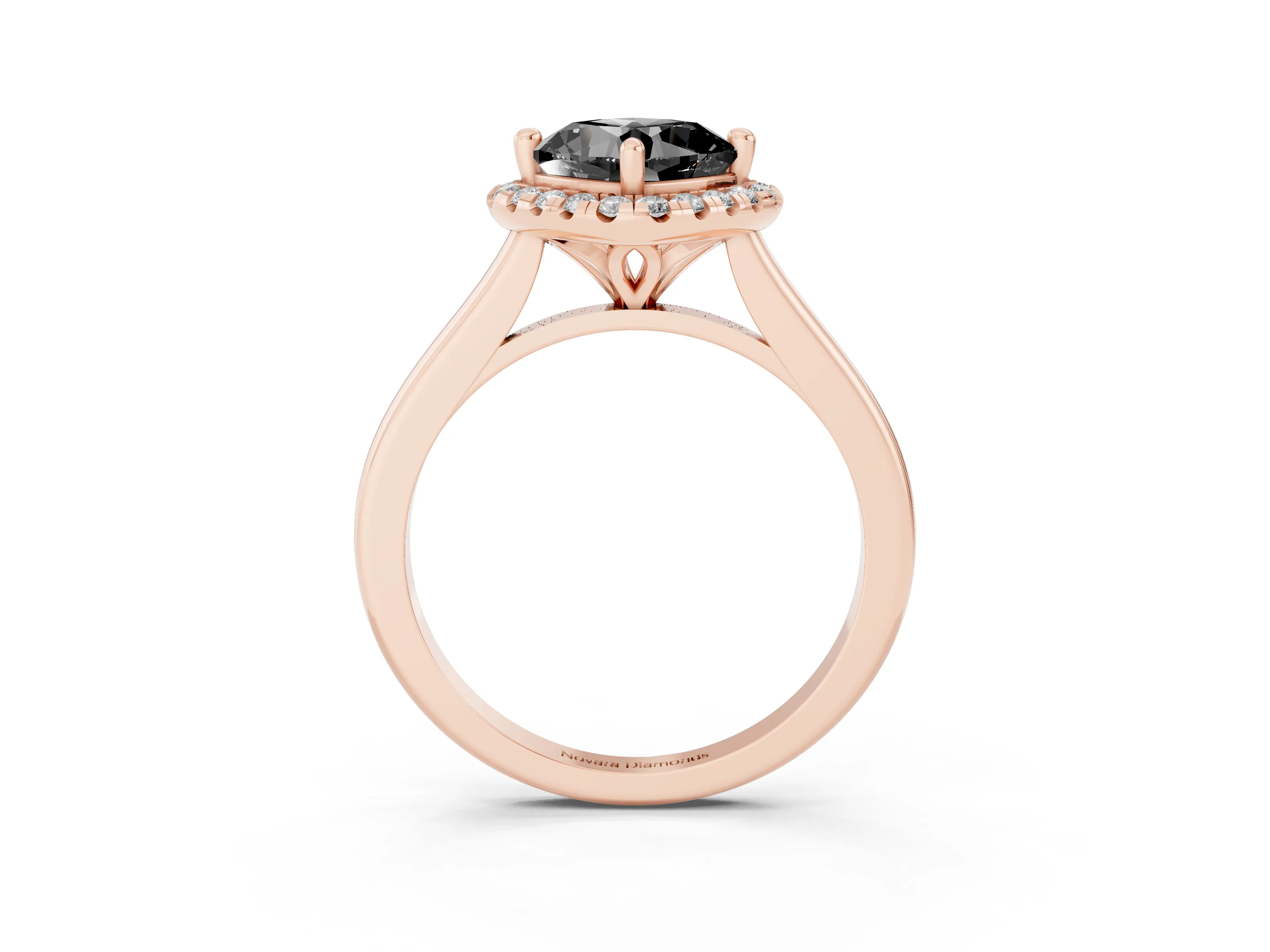 Fancy Black Cushion Cut Diamond Halo Engagement Ring Set in Rose gold with Pavé Band and Rising Shoulders