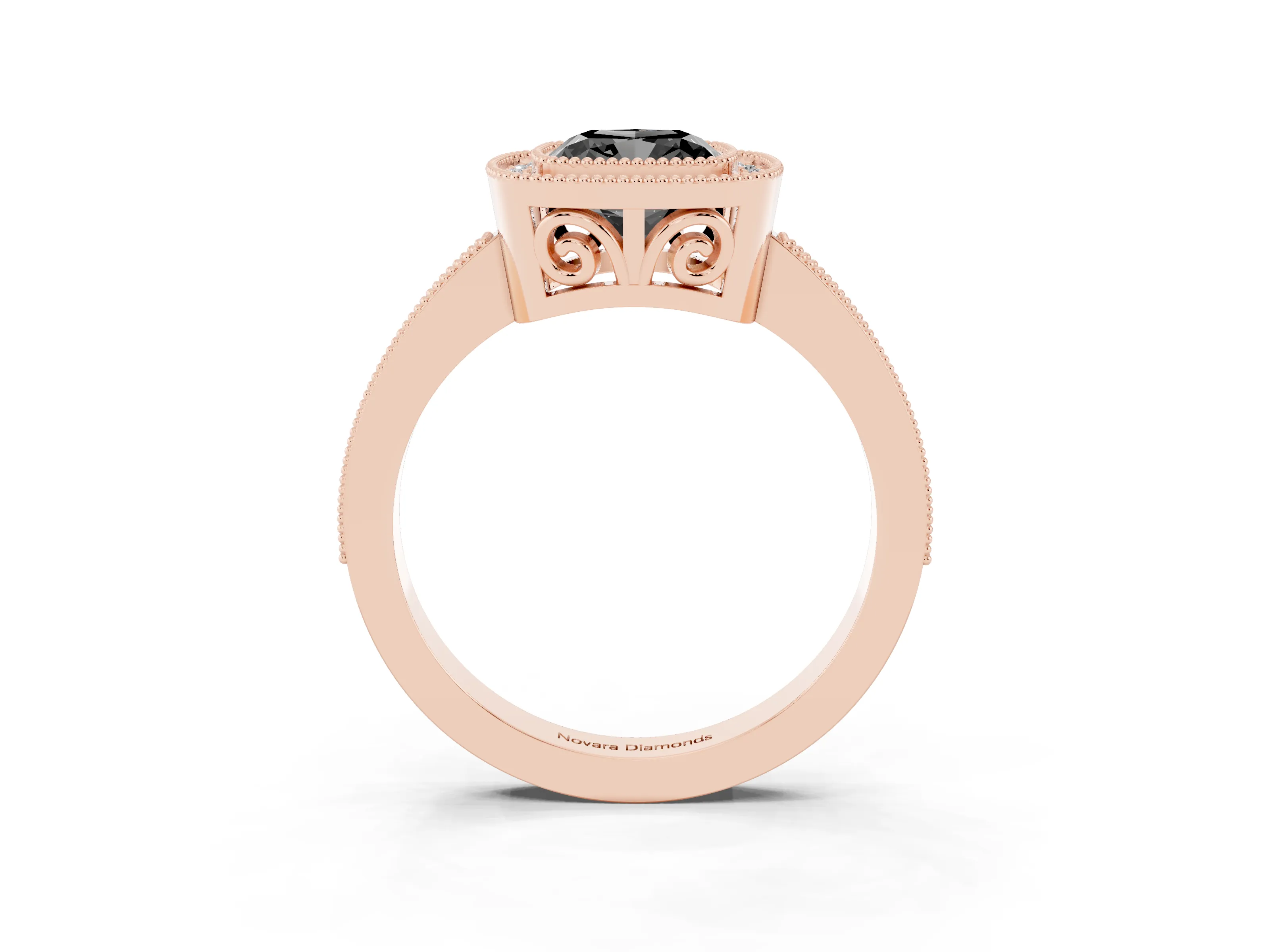 Fancy Black Cushion Cut Diamond Round Halo Ring Set in Rose gold with Pavé Band
