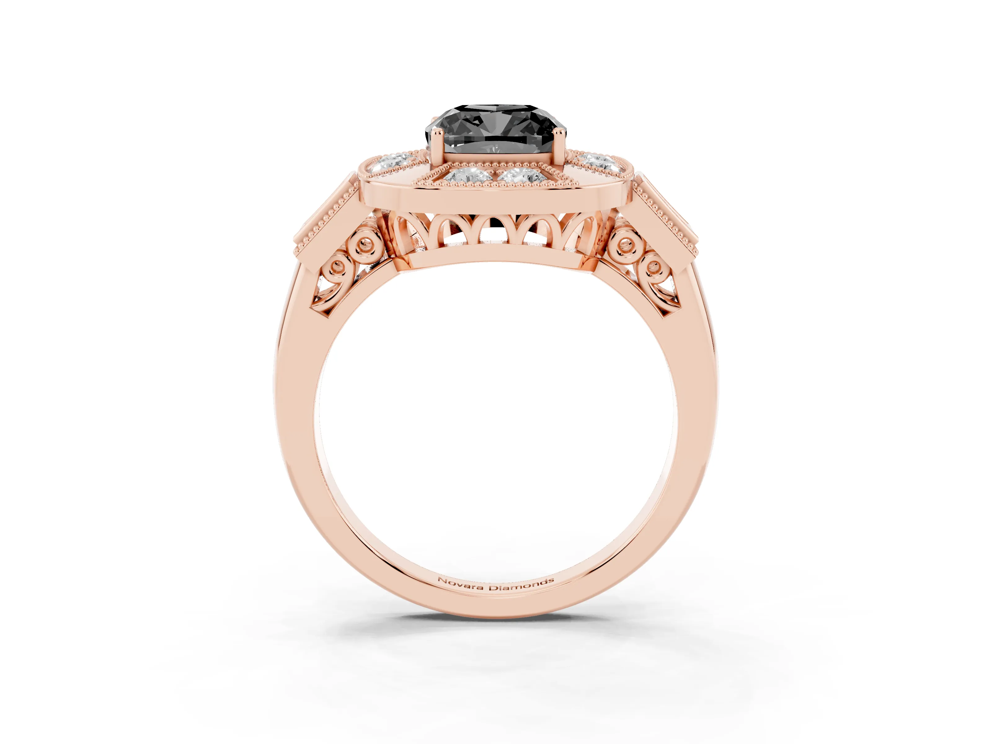 Fancy Black Cushion Cut Diamond Milgrain Halo Ring Set in Rose gold with Split Shank