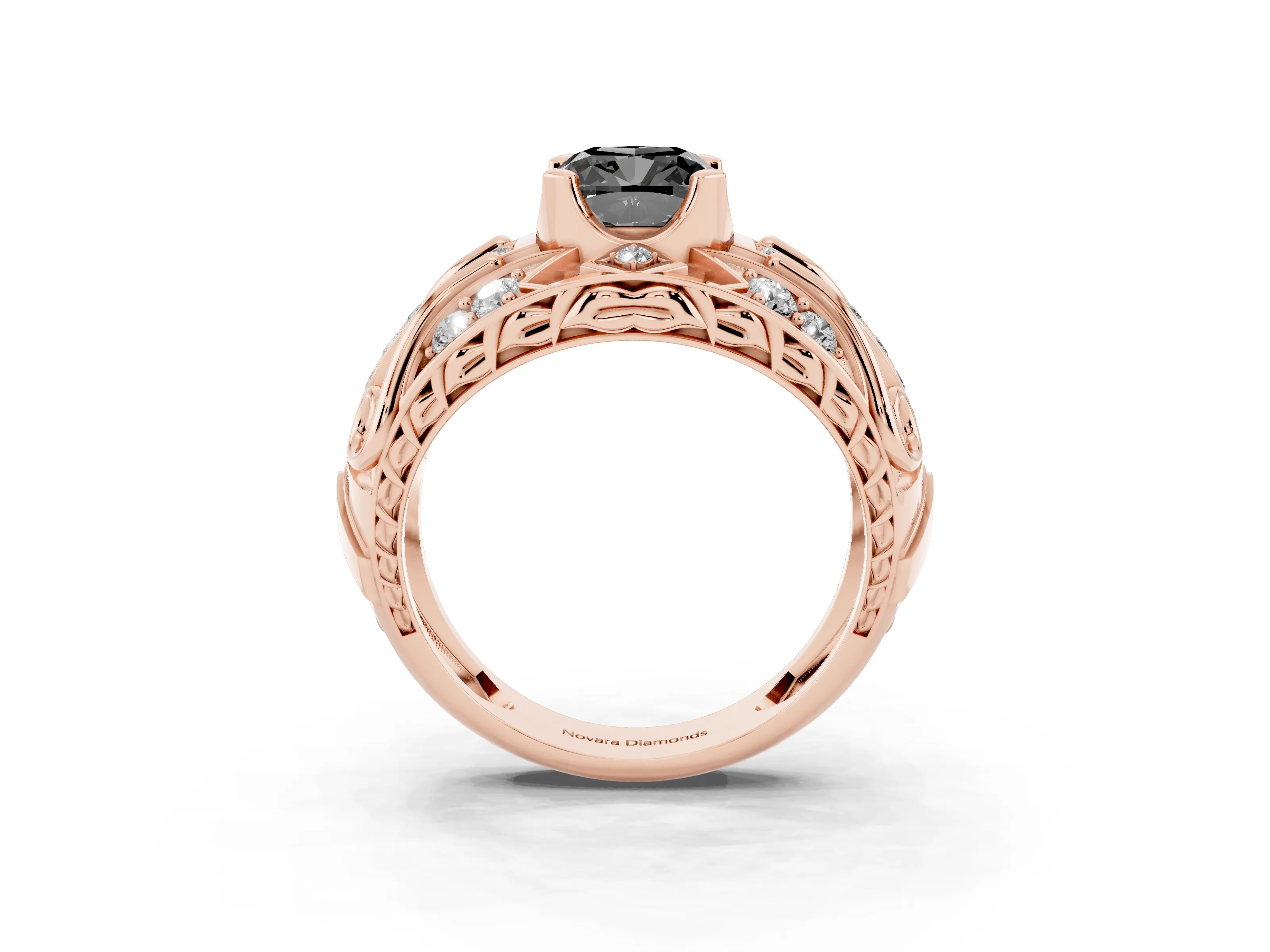 Fancy Black Cushion Cut Diamond Art Deco Ring Set in Rose gold with Pavé Split Shank