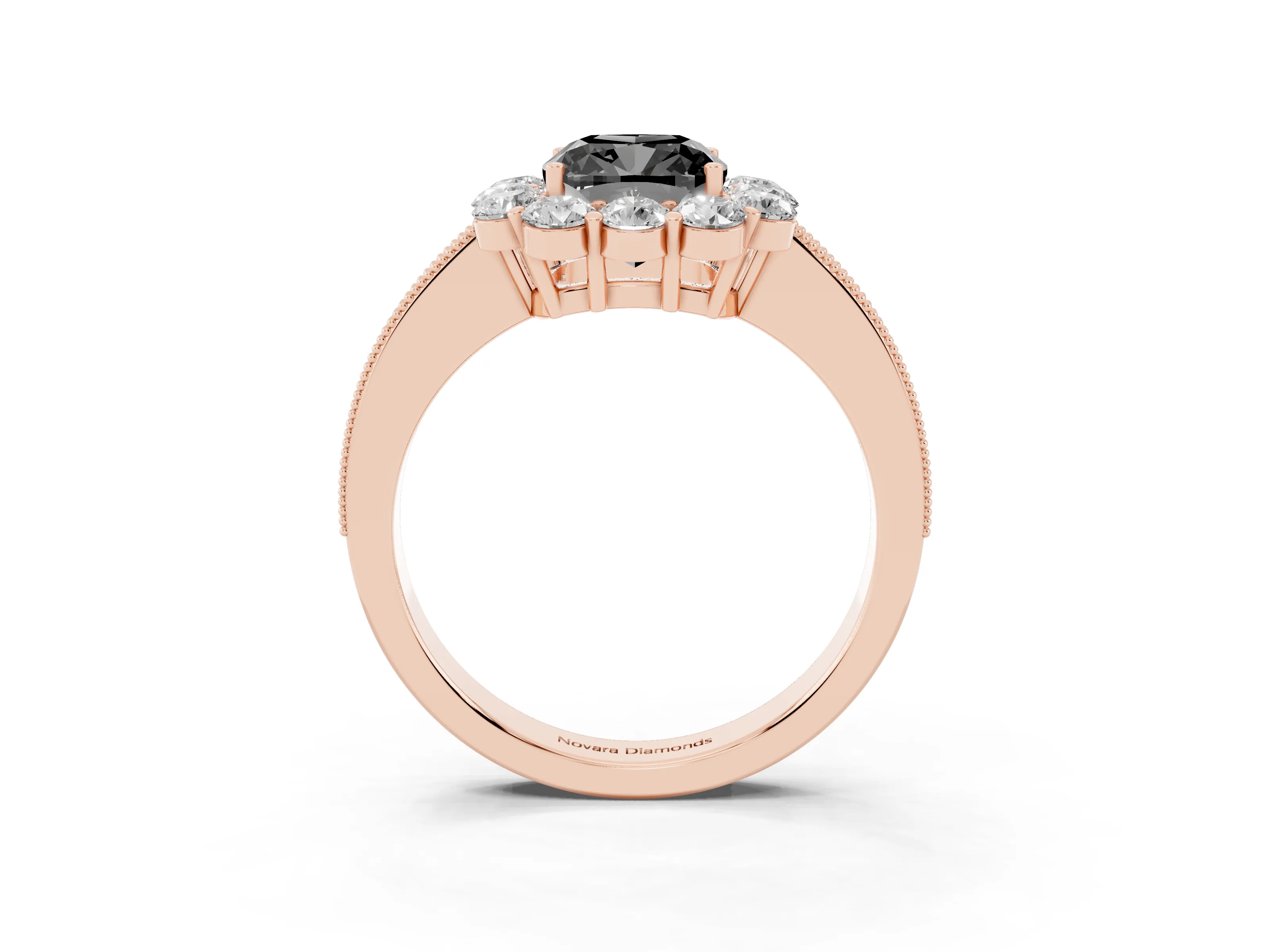 Fancy Black Cushion Cut Diamond Halo Pavé Engagement Ring Set in Rose gold with Milgrain Detailing