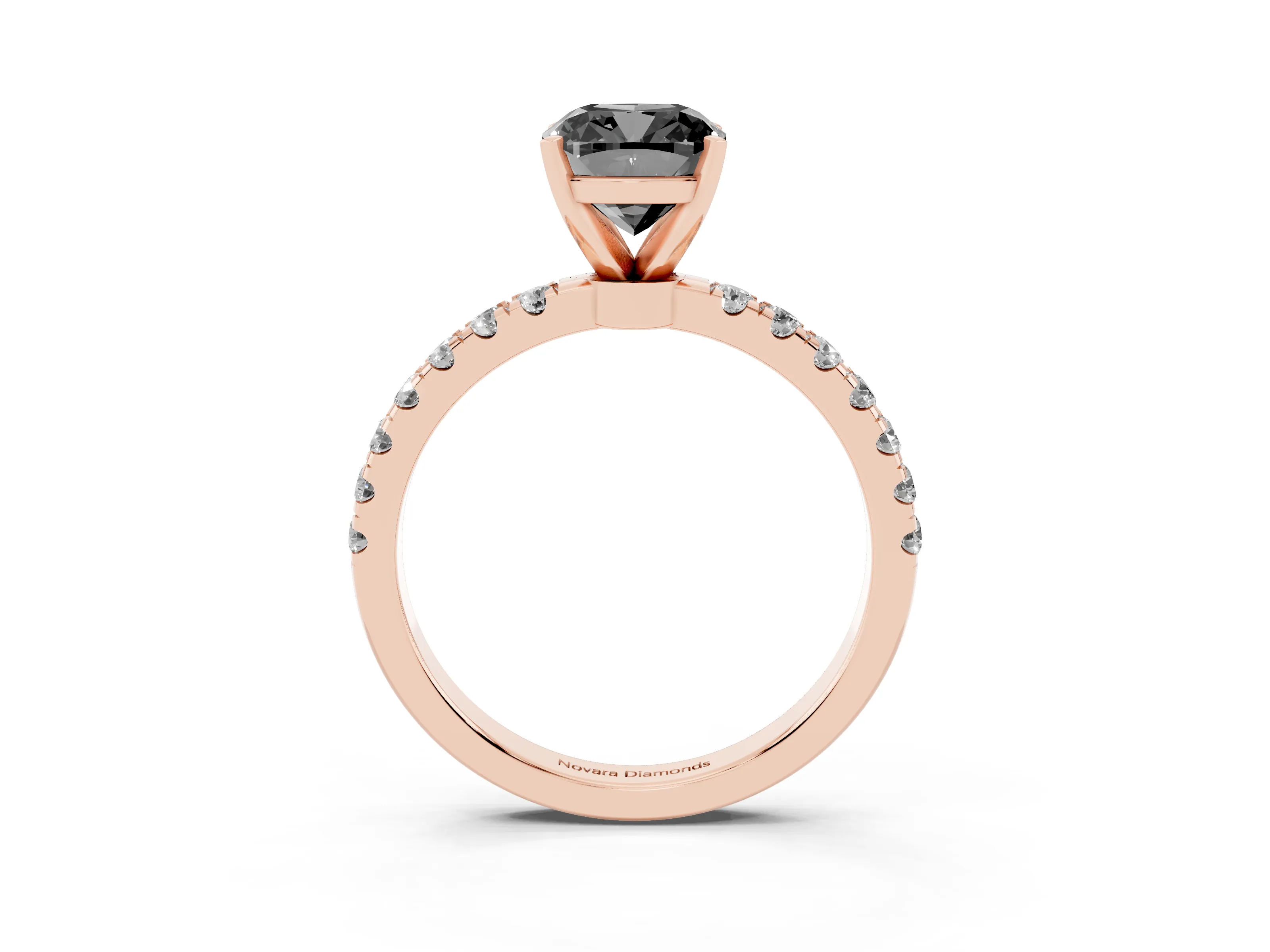 Fancy Black Cushion Cut Diamond Solitaire Ring Set in Rose gold with Pavé Accents and Prong Setting