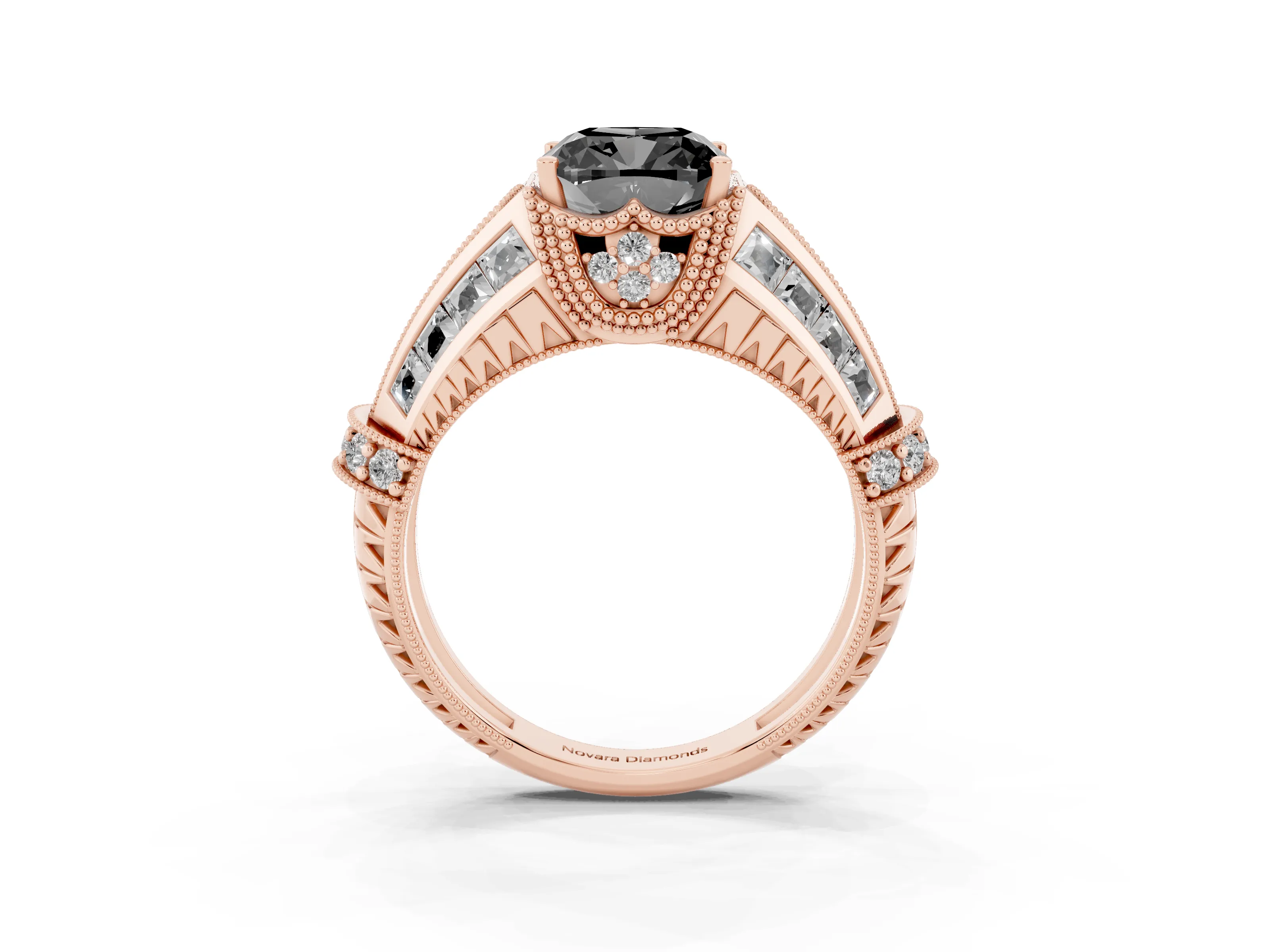 Fancy Black Cushion Cut Diamond Vintage-Inspired Milgrain Ring Set in Rose gold with Accent Split Shank