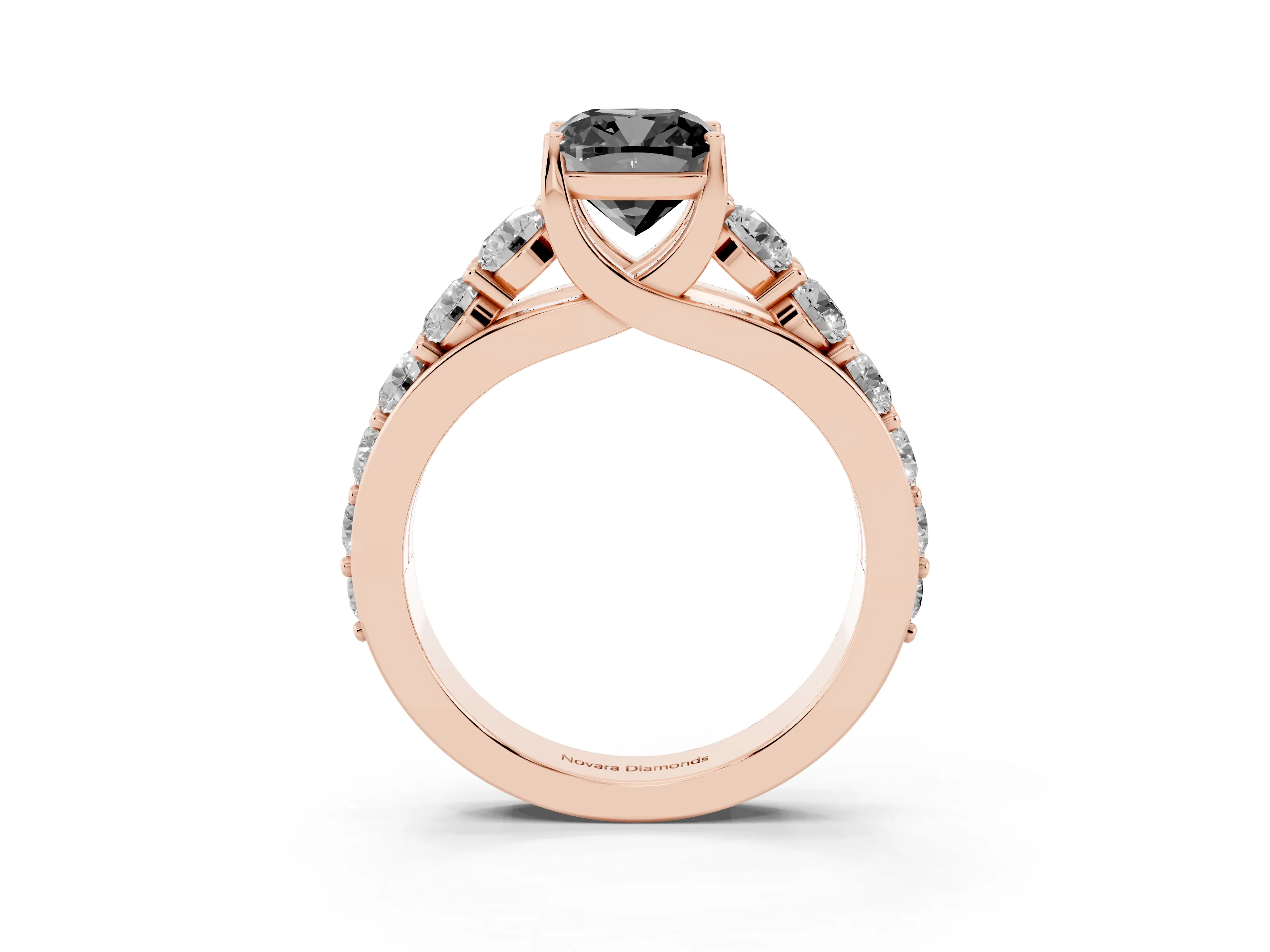 Fancy Black Cushion Cut Diamond Pavé Engagement Ring Set in Rose gold with Prong Setting
