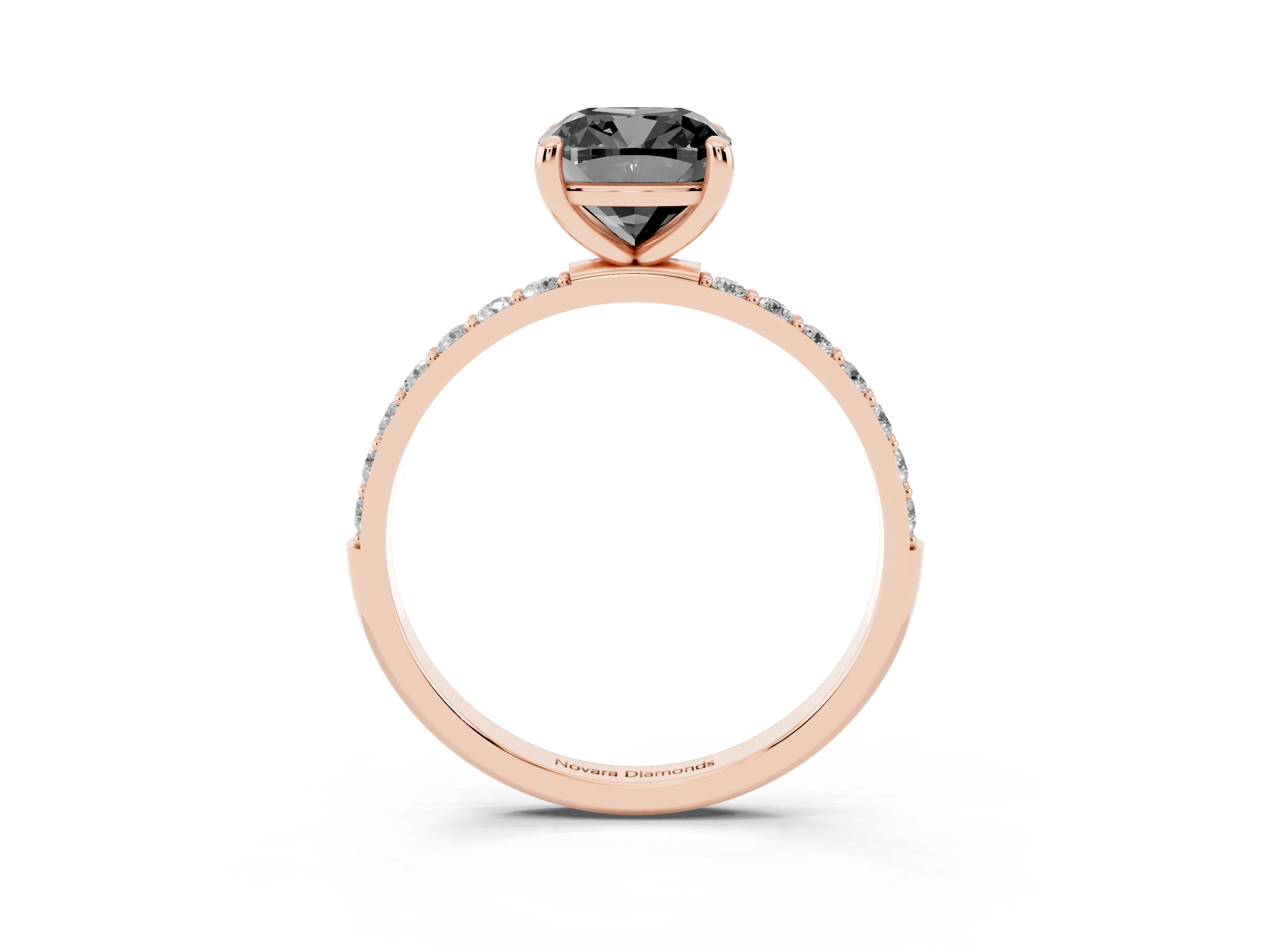 Fancy Black Cushion Cut Diamond Solitaire Ring Set in Rose gold with Round Pavé Band and Prong Setting