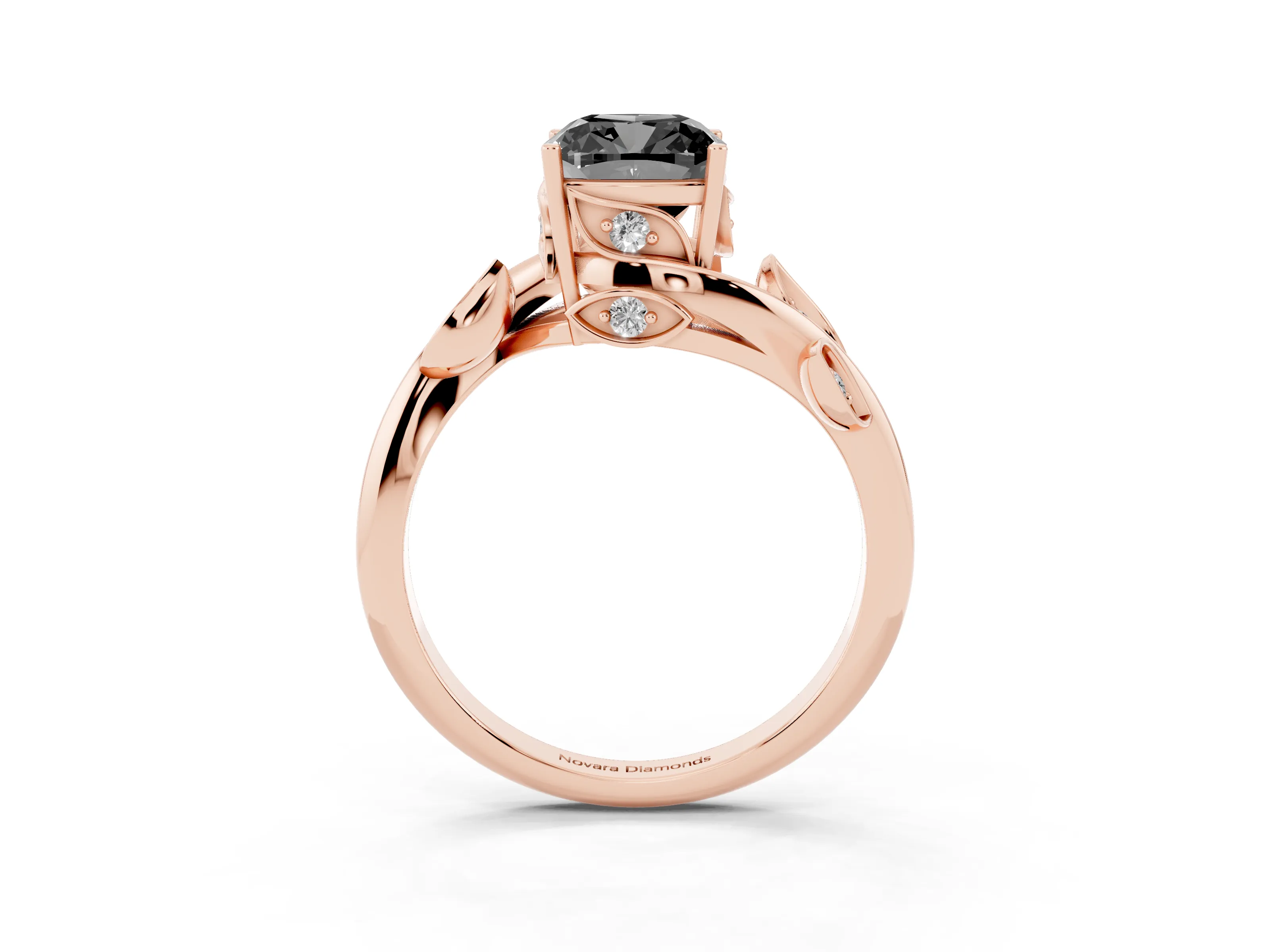 Fancy Black Cushion Cut Diamond Solitaire Twist Engagement Ring Set in Rose gold with Pavé Leaf Accents