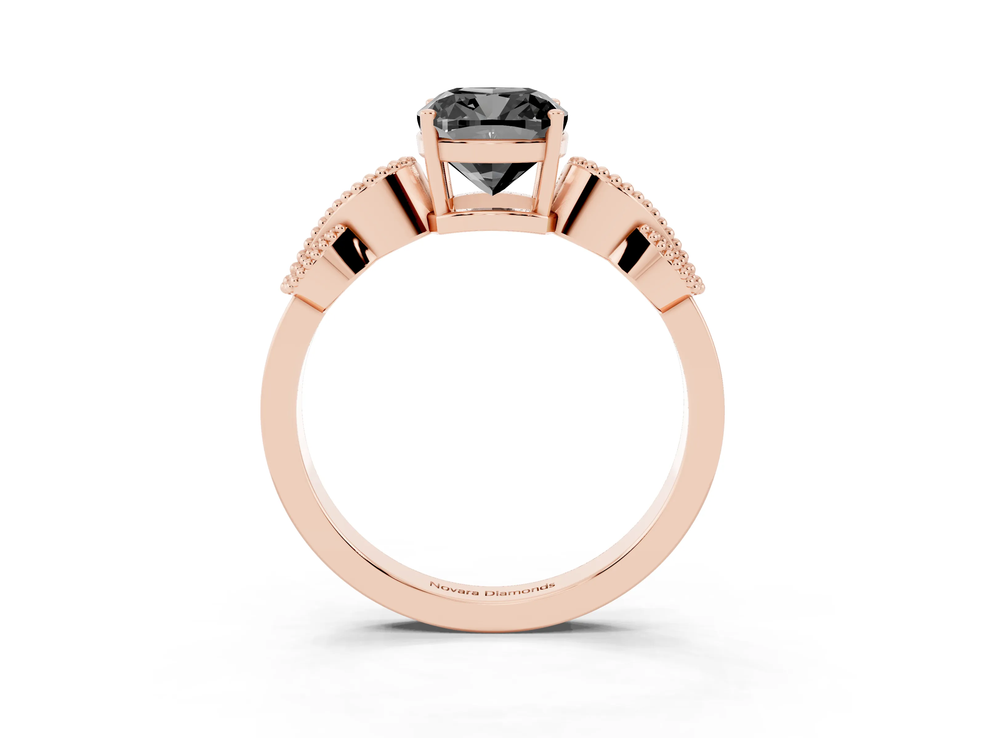 Fancy Black Cushion Cut Diamond Milgrain Leaf Band Solitaire Ring Set in Rose gold with Accent Stones and Prong Setting