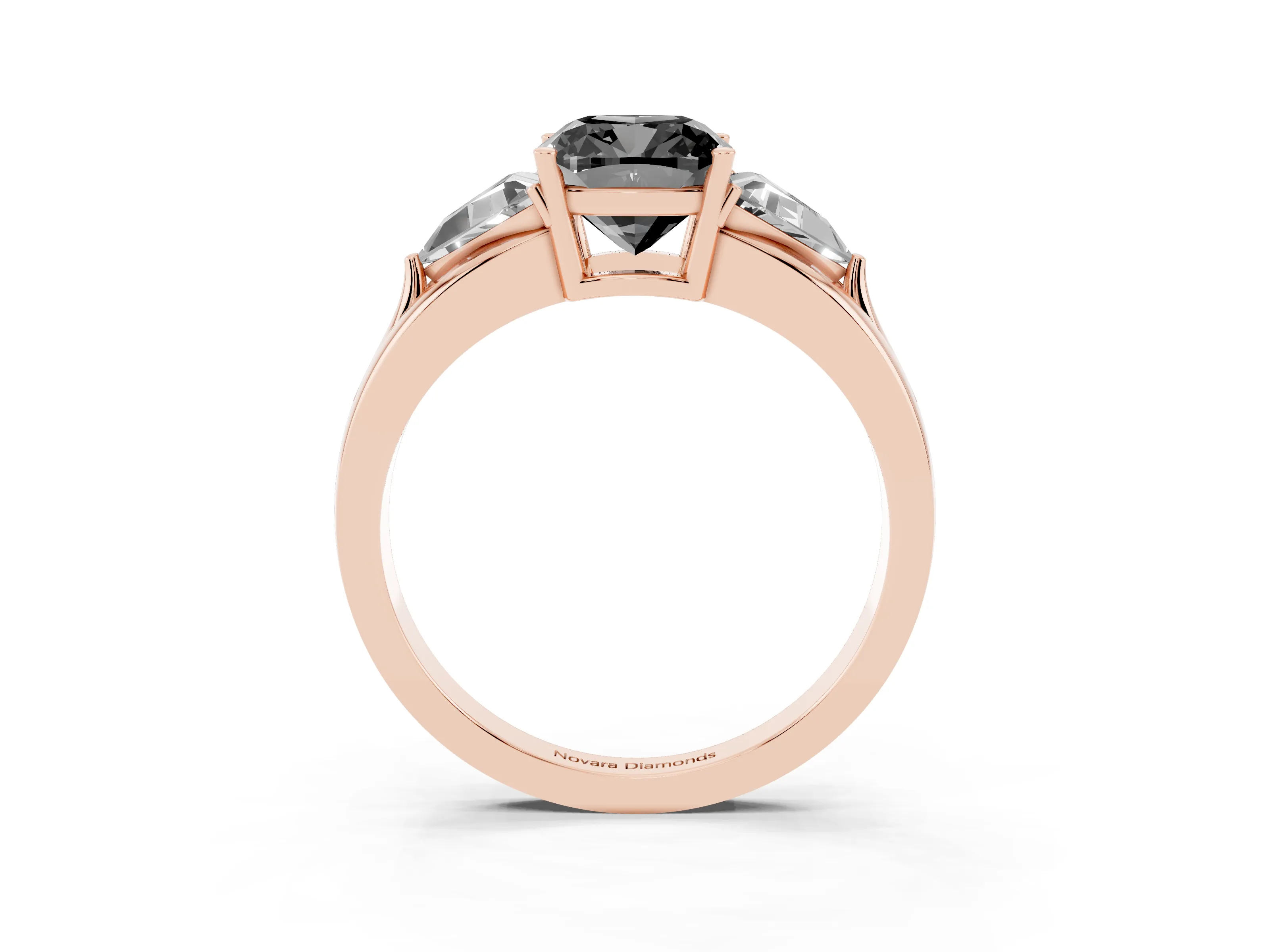 Fancy Black Cushion Cut Diamond Three-Stone Ring Set in Rose gold with Trillion Side Stones and Split Shank