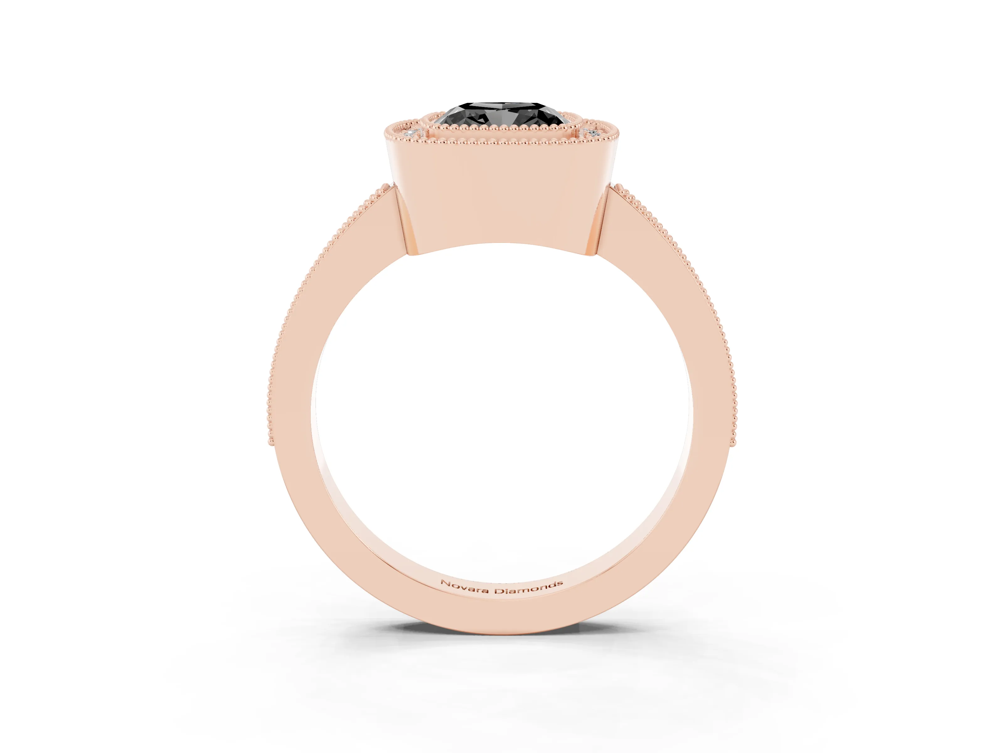 Fancy Black Cushion Cut Diamond Halo Engagement Ring Set in Rose gold with Pavé Band and Round Halo Stones