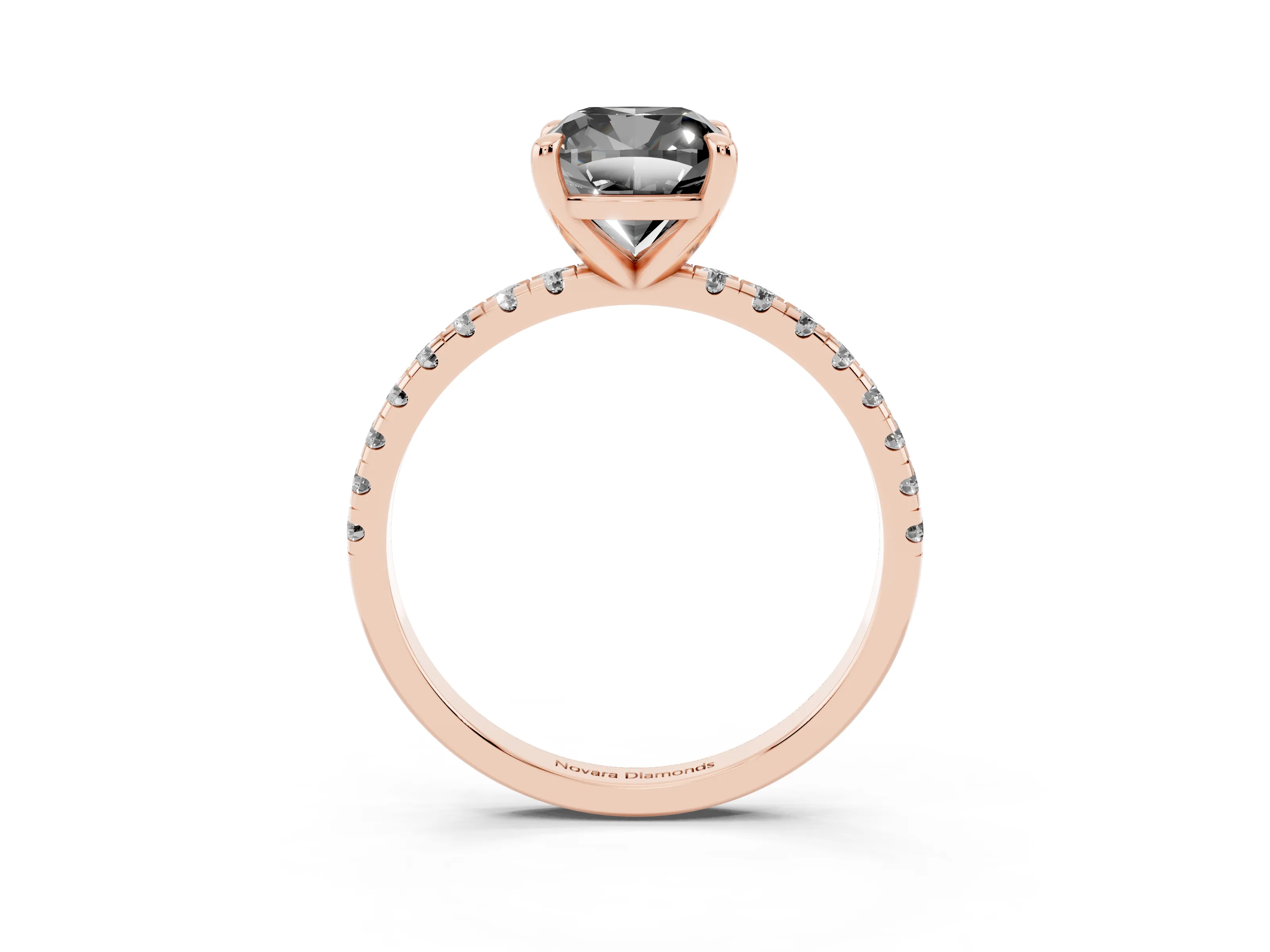 Fancy Black Cushion Cut Diamond Brilliant Solitaire Ring Set in Rose gold with Pavé Band and Prong Setting