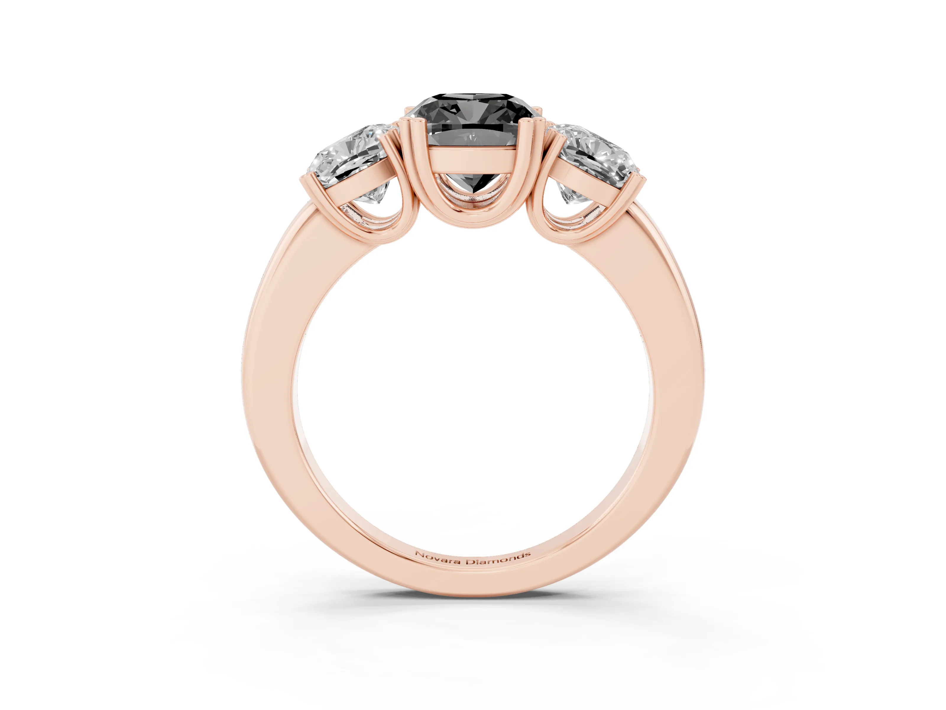 Fancy Black Cushion Cut Diamond Three-Stone Ring Set in Rose gold with Polished Band and Prong Setting