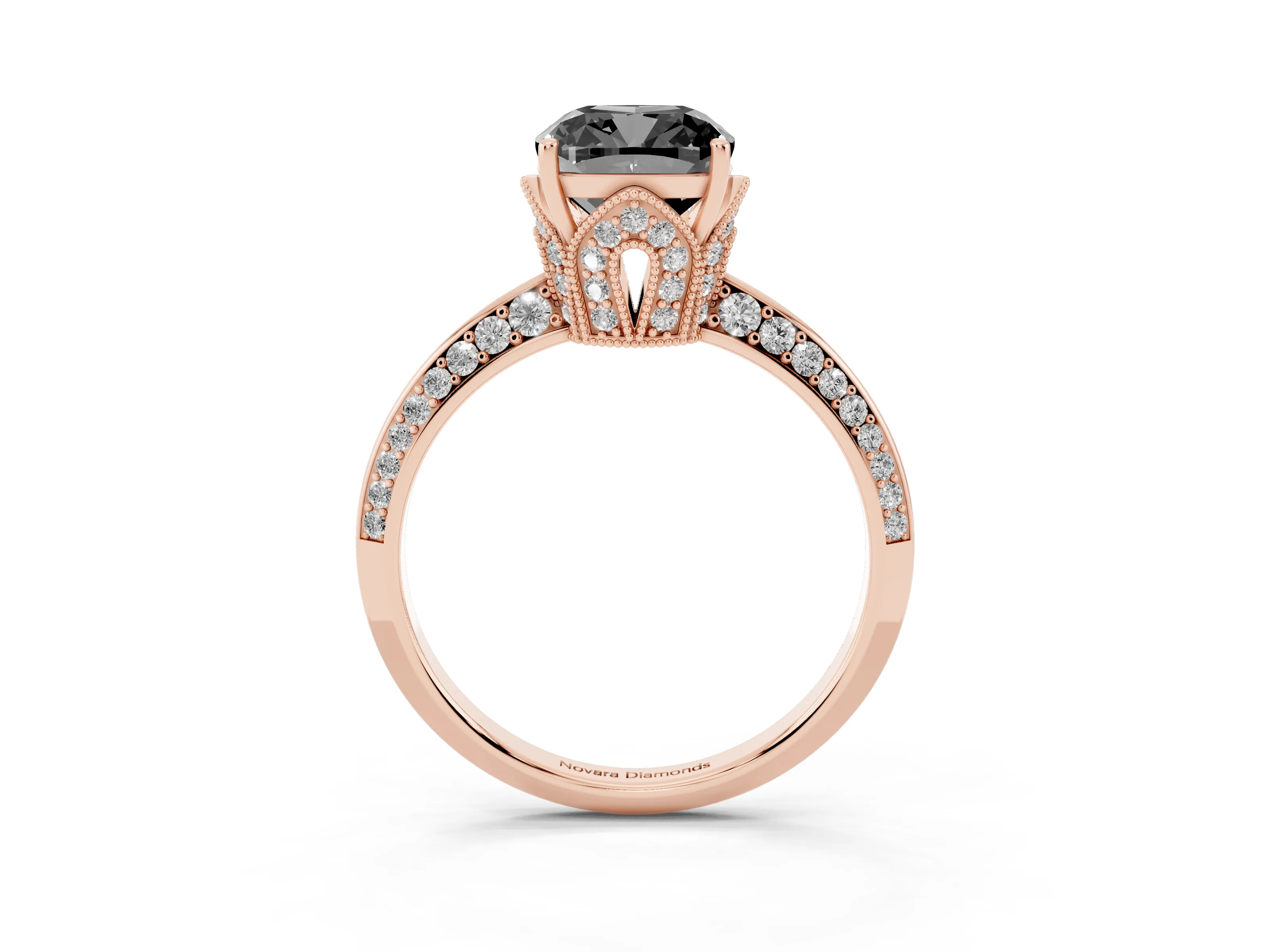 Fancy Black Cushion Cut Diamond Solitaire Engagement Ring Set in Rose gold with Pavé Split Shank and Prong Setting