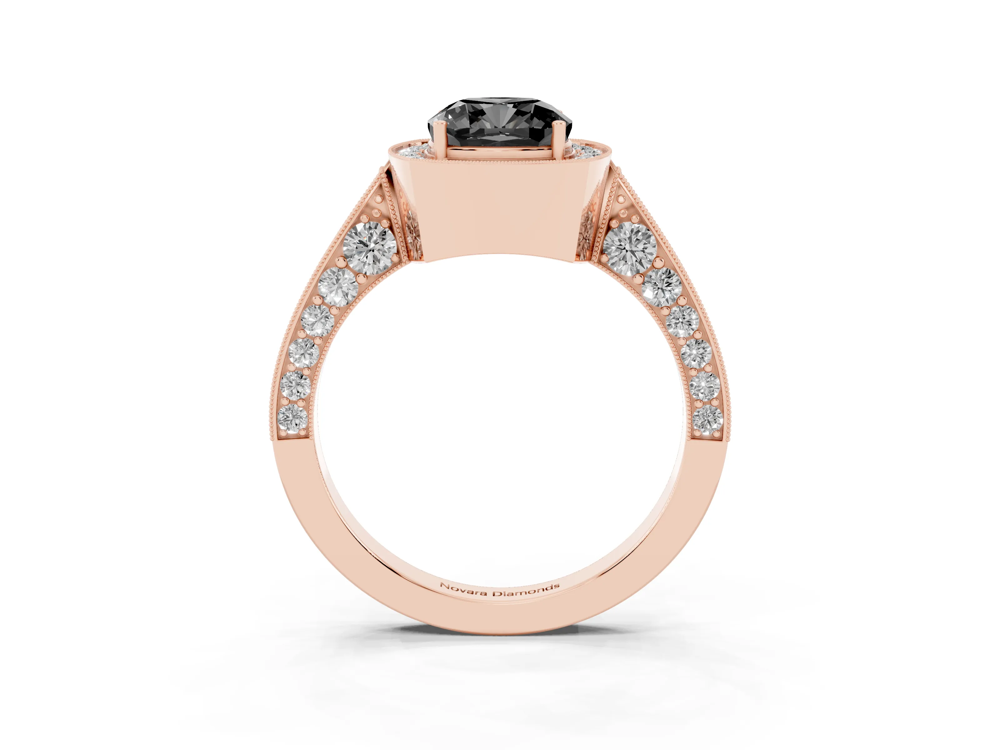 Fancy Black Cushion Cut Diamond Halo Engagement Ring Set in Rose gold with Accent Split Shank Band