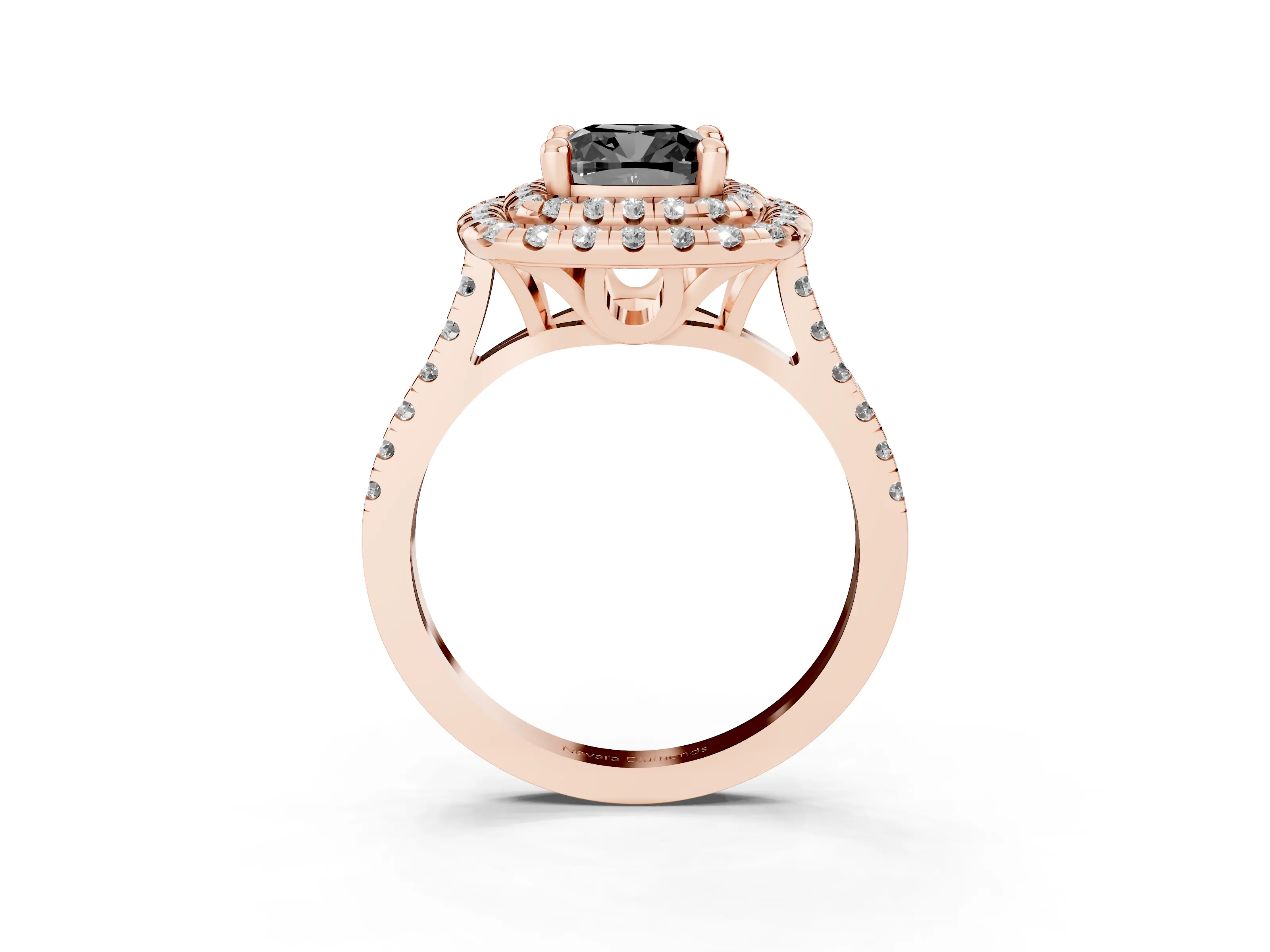 Fancy Black Cushion Cut Diamond Double Halo Statement Ring Set in Rose gold with Pavé Band